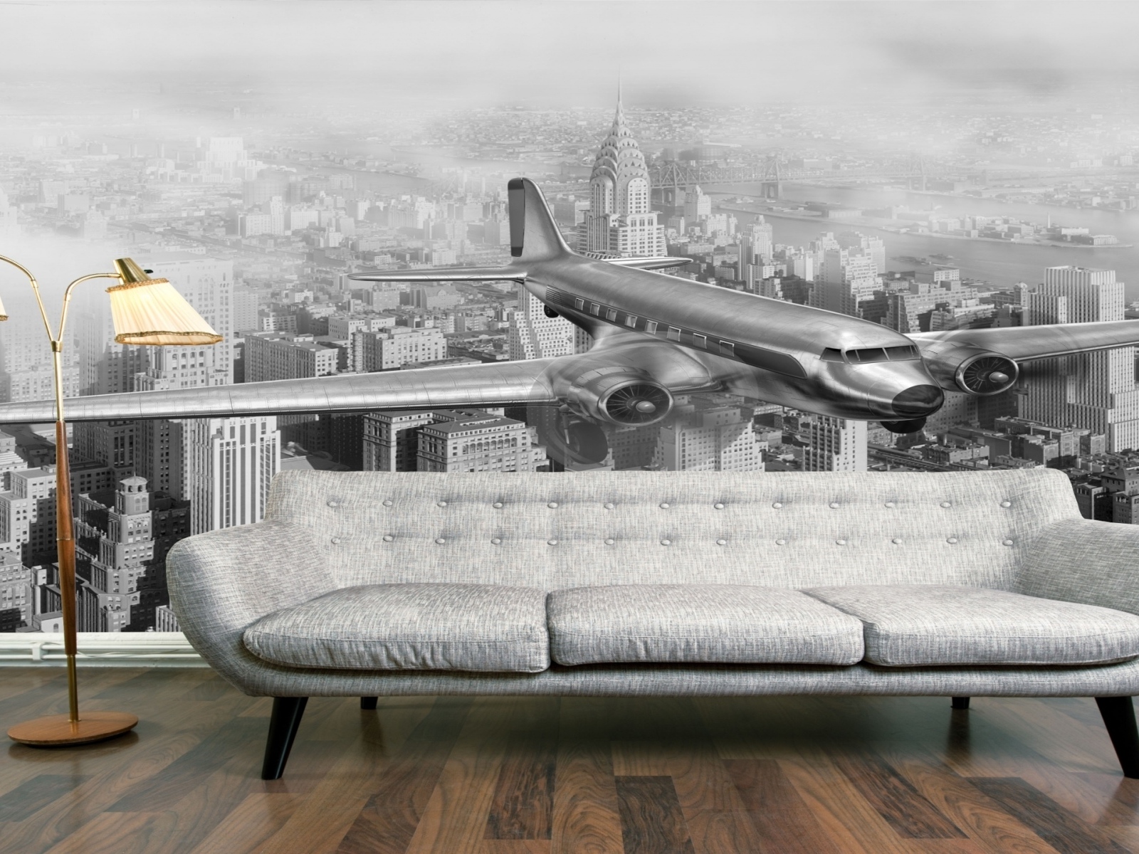 Диван в комнате с фотообоями