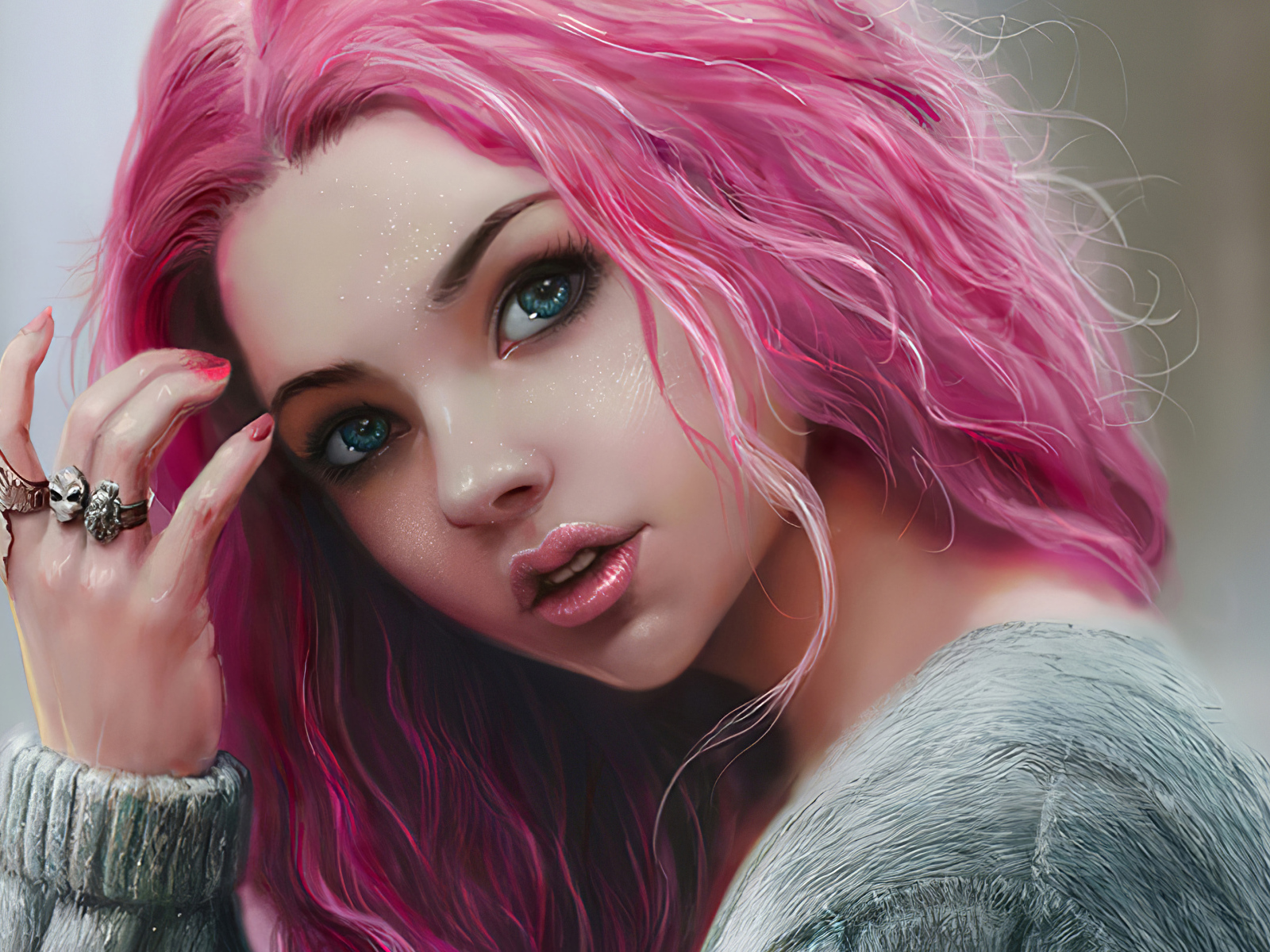 Девушка 3д с розовыми волосами и кольцами на руке