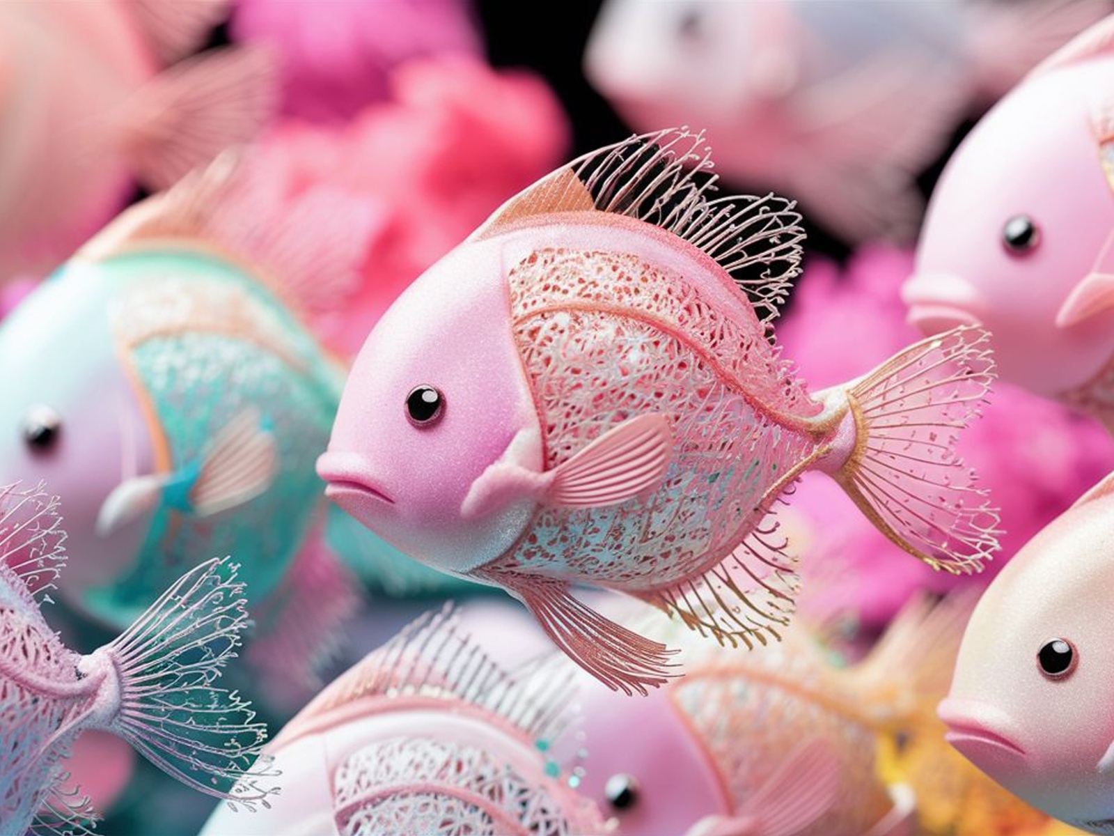 Разноцветные 3д рыбки крупным планом