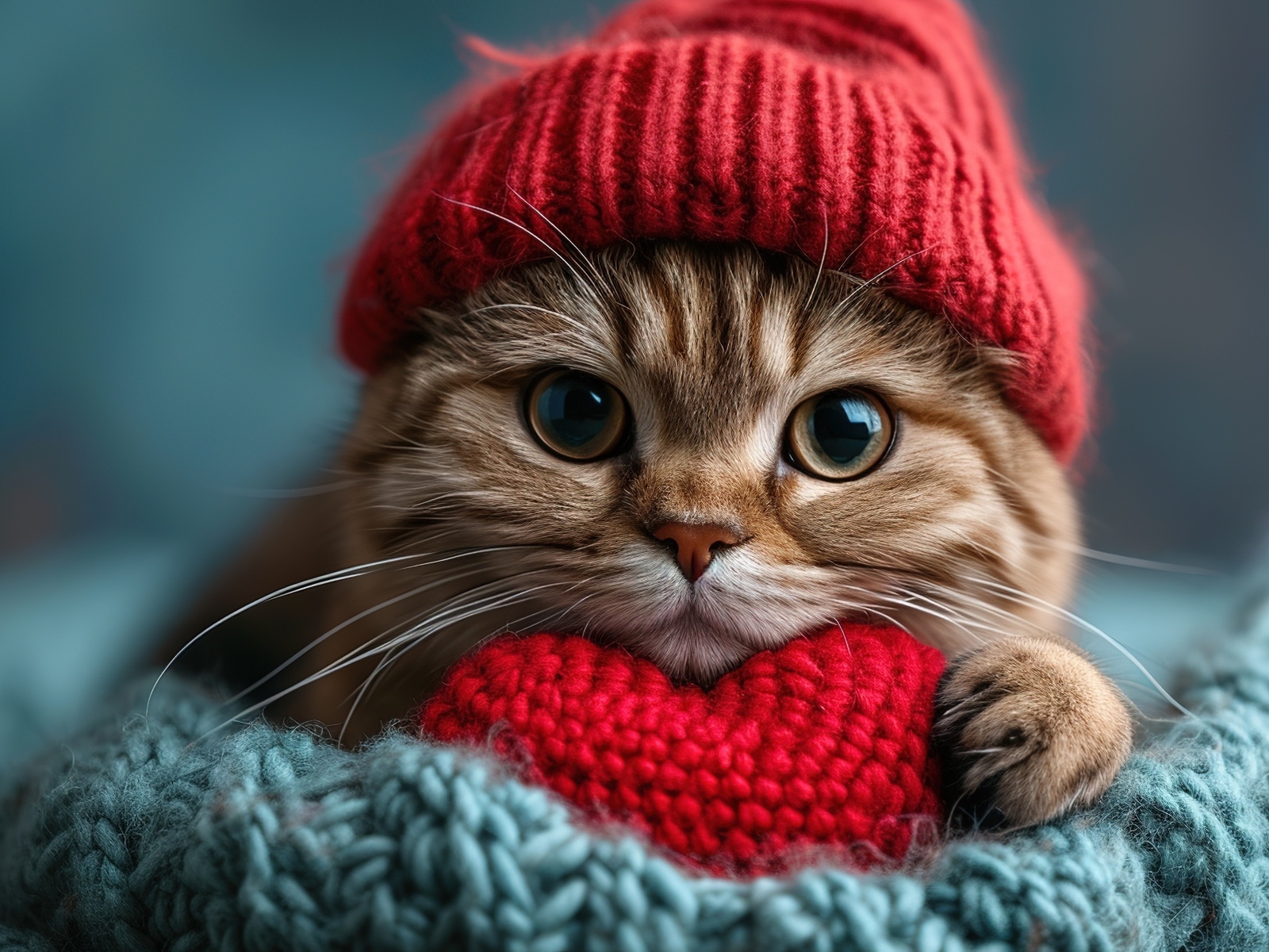 Рыжий кот в красной вязаной шапке с сердечком в лапах
