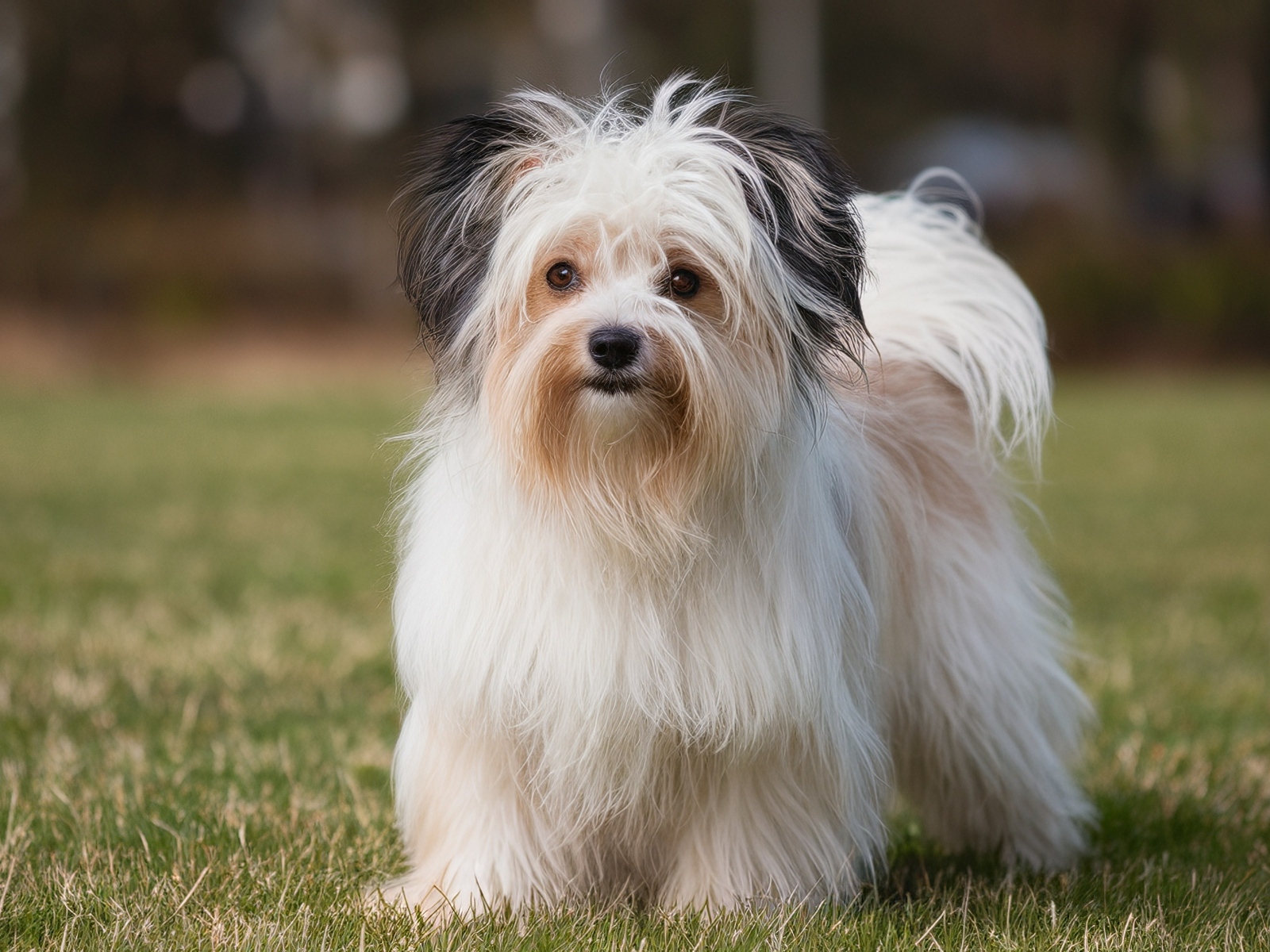 Пушистая собака на зеленой траве