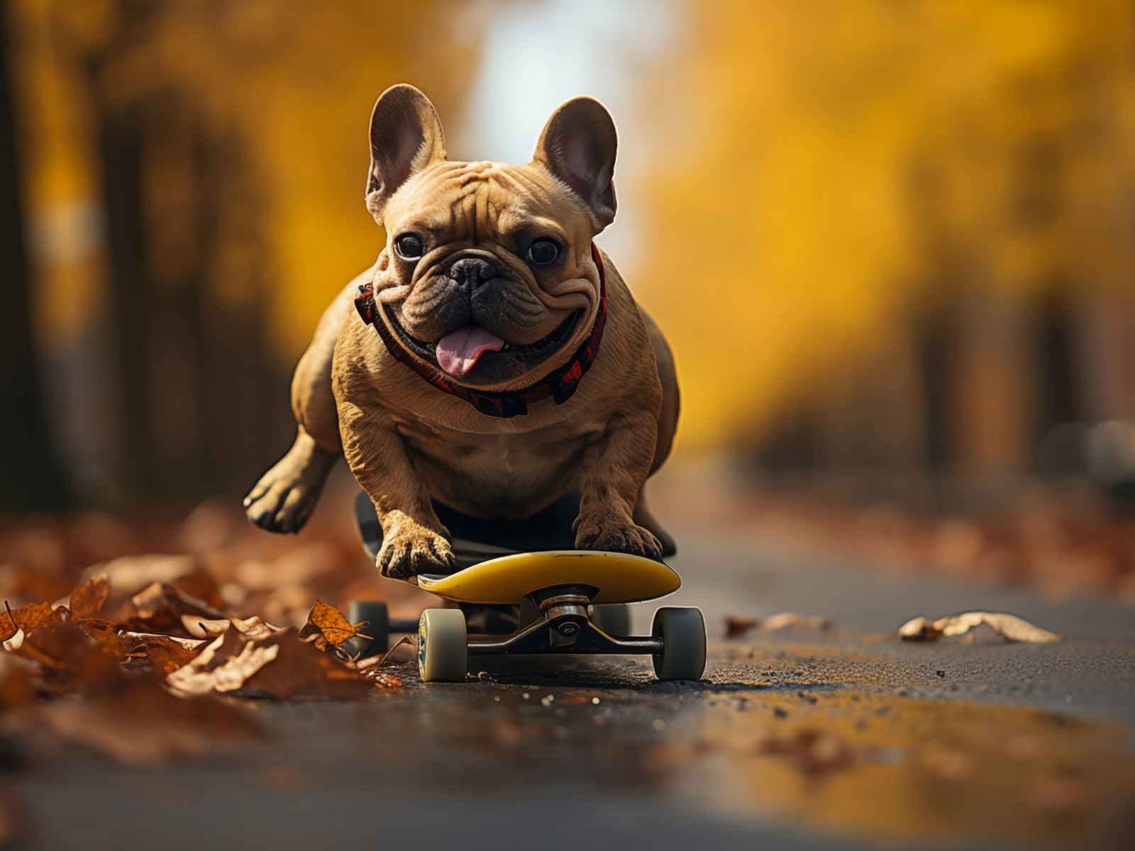Довольный французский бульдог на скейтборде