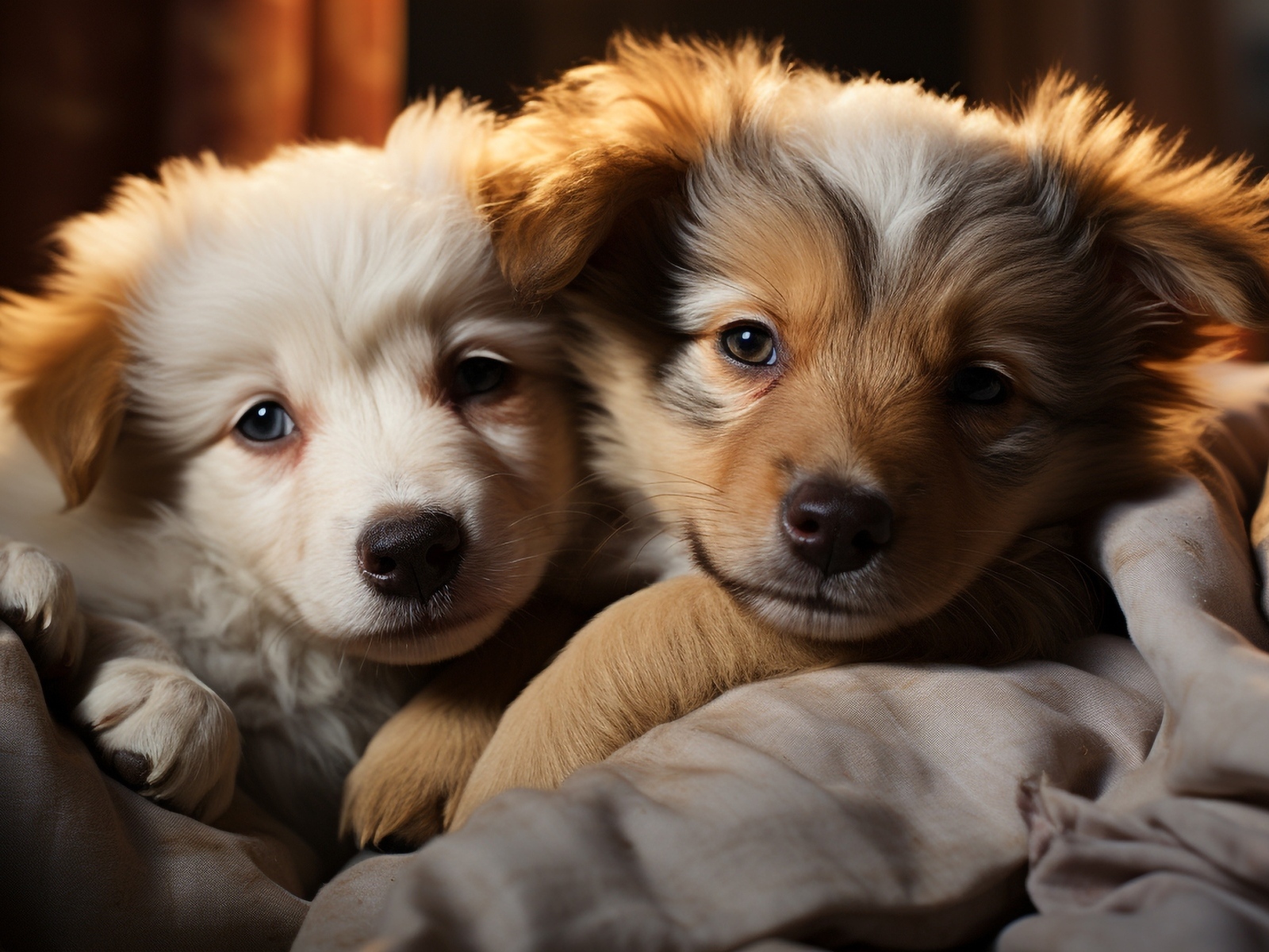 Два щенка швейцарской овчарки лежат на кровати