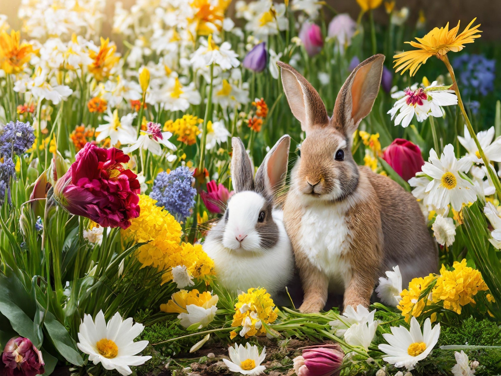 Два декоративных кролика в цветах