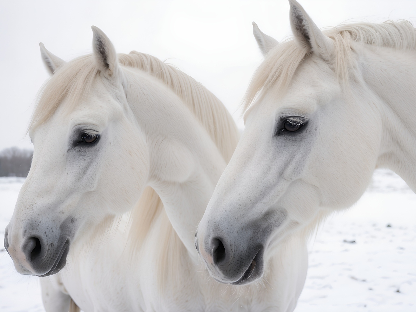 Две красивые белые лошади зимой