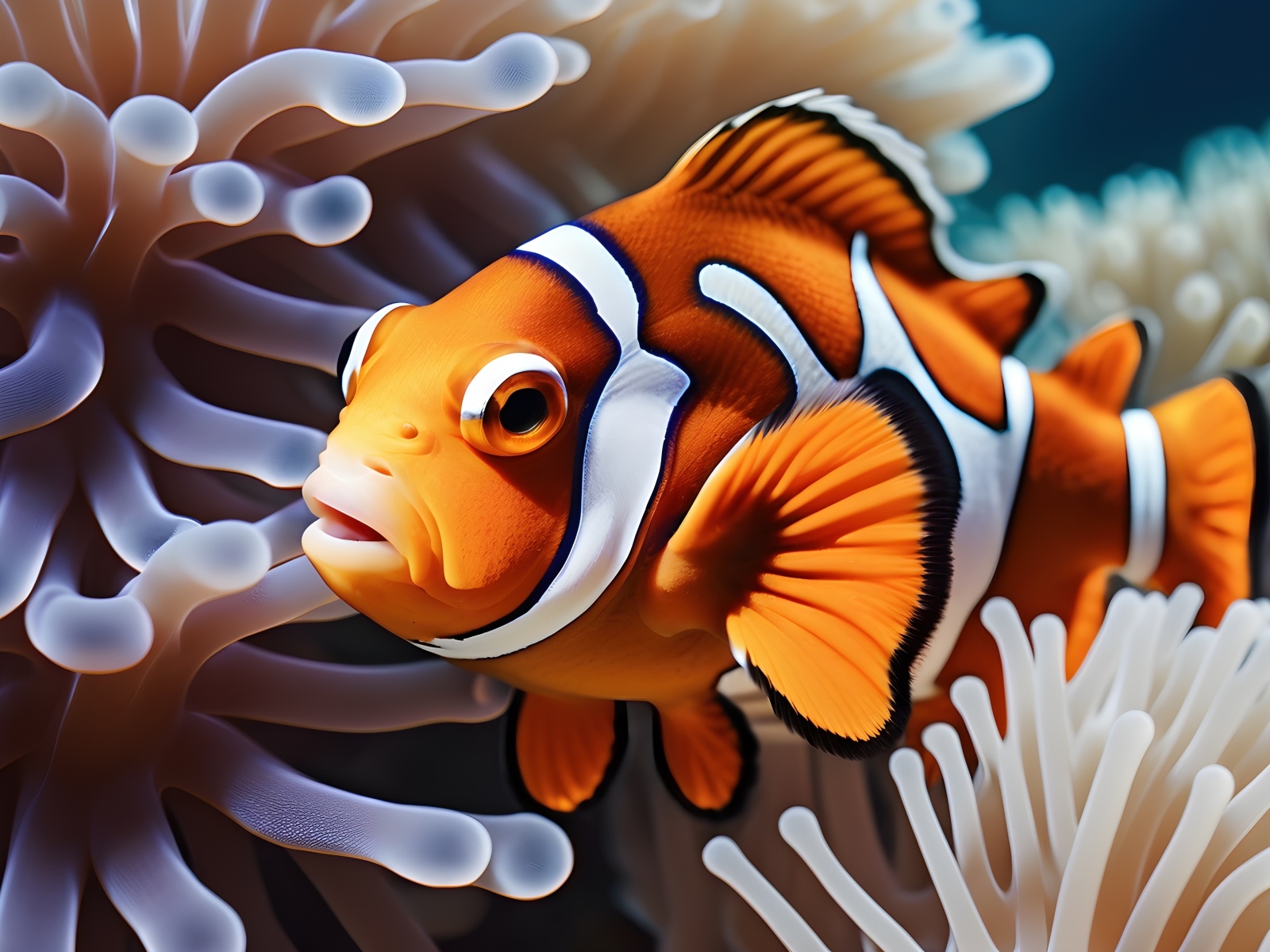 Рыбка клоун плавает в кораллах 