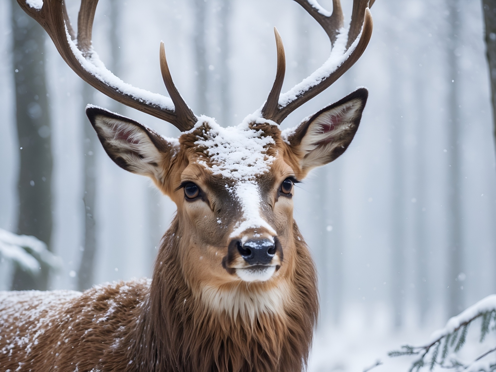 Большой олень в зимнем заснеженном лесу