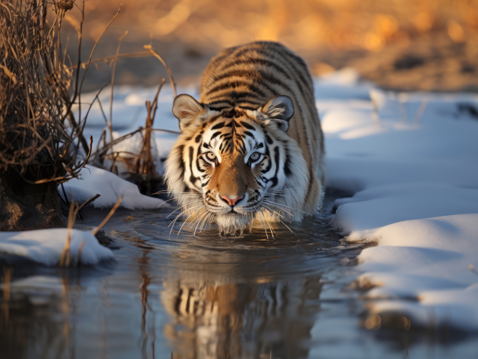Тигр стоит в холодной воде с заснеженными берегами