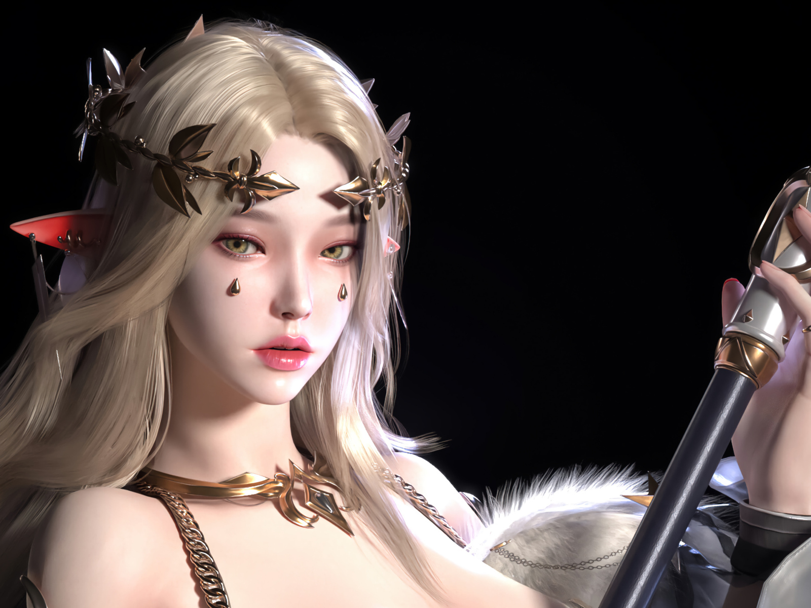 Девушка аниме эльф с украшениями на теле