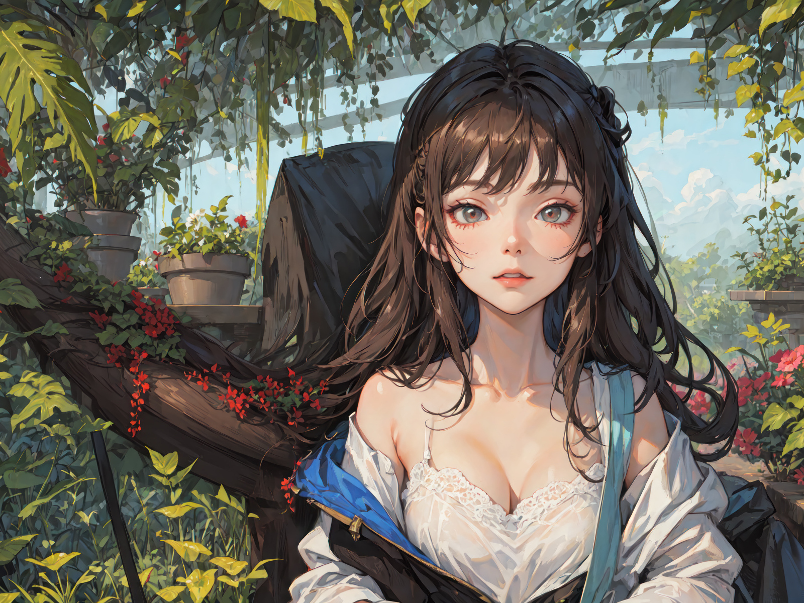 Девушка аниме в оранжерее с цветами