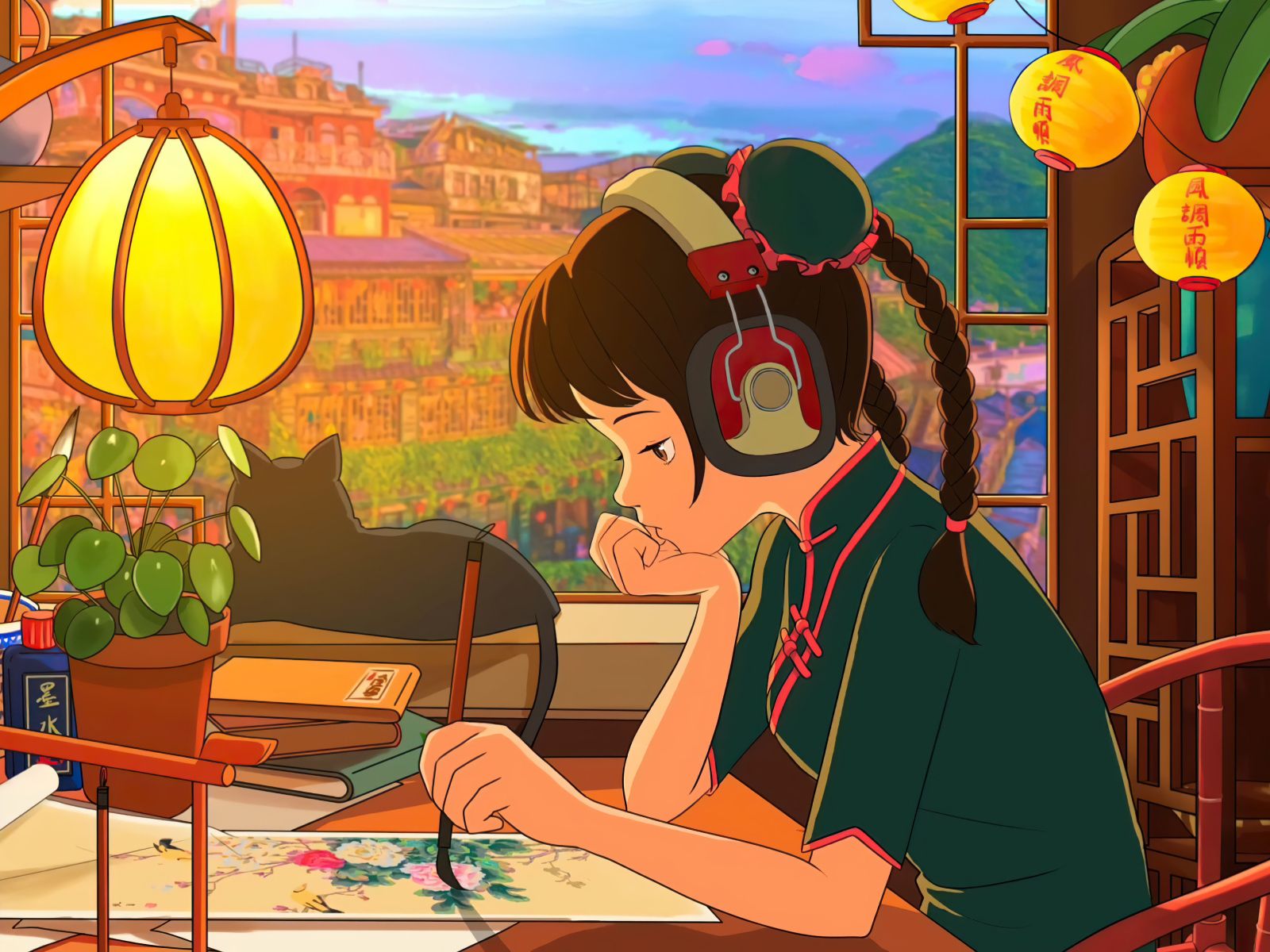 Девушка аниме в наушниках сидит за столом у окна