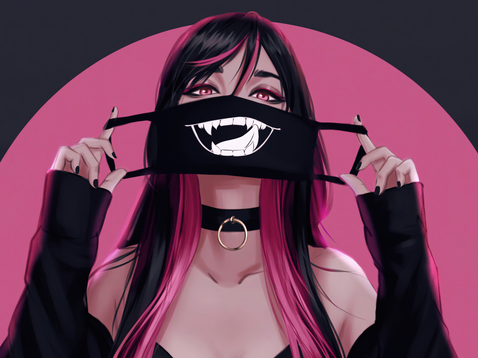 Девушка аниме с черной смешной маской на лице