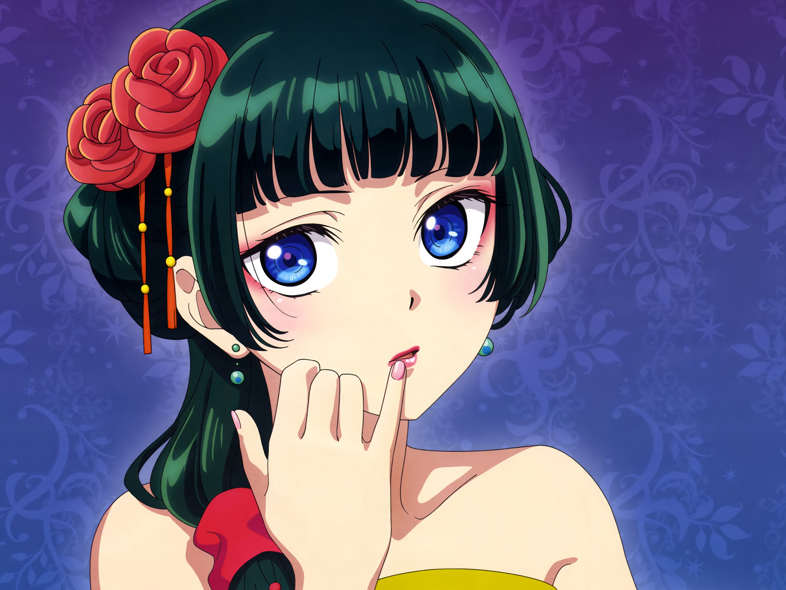 Девушка аниме с большими голубыми глазами на синем фоне