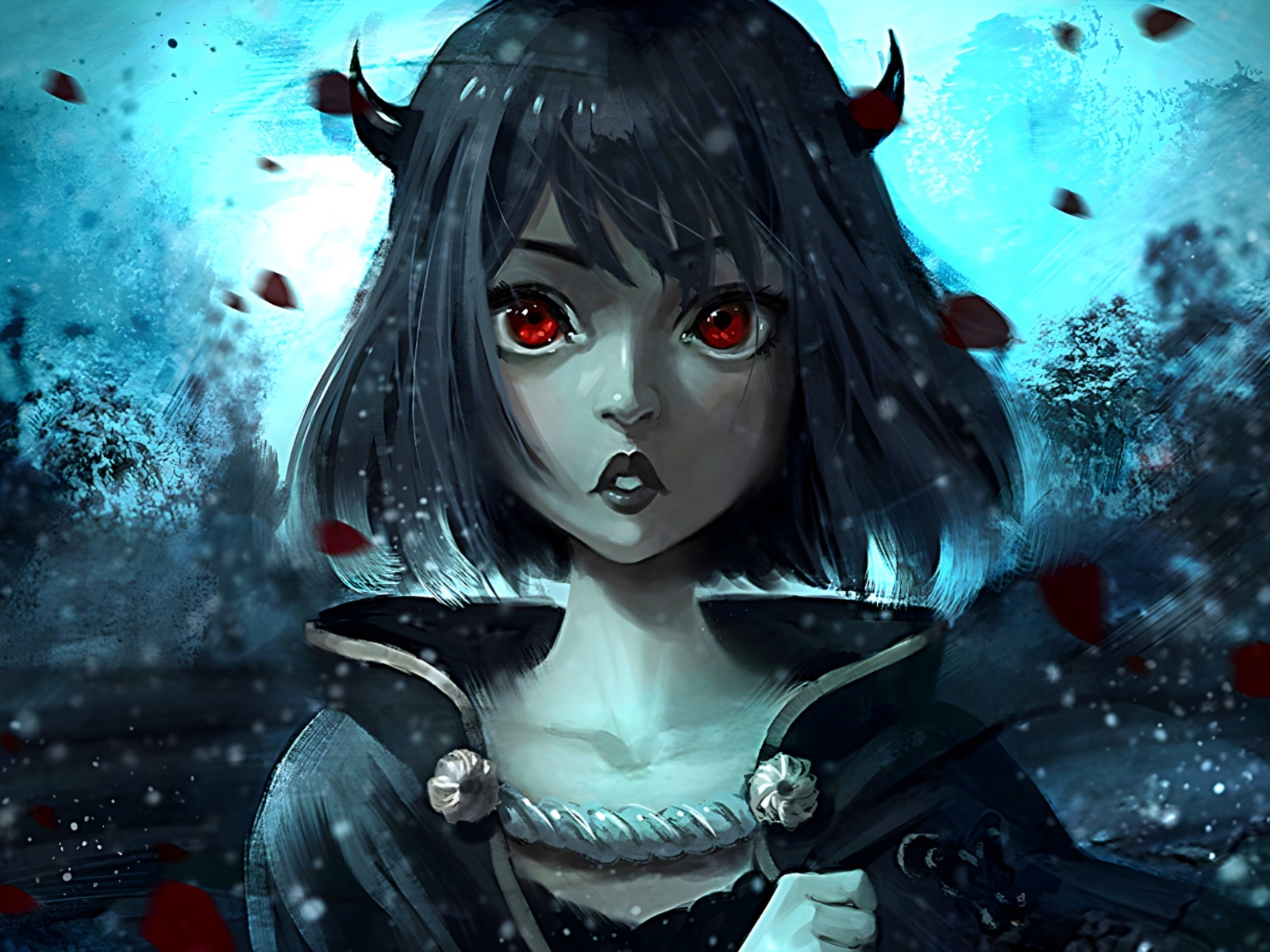 Девушка аниме с красными глазами и рогами на голове