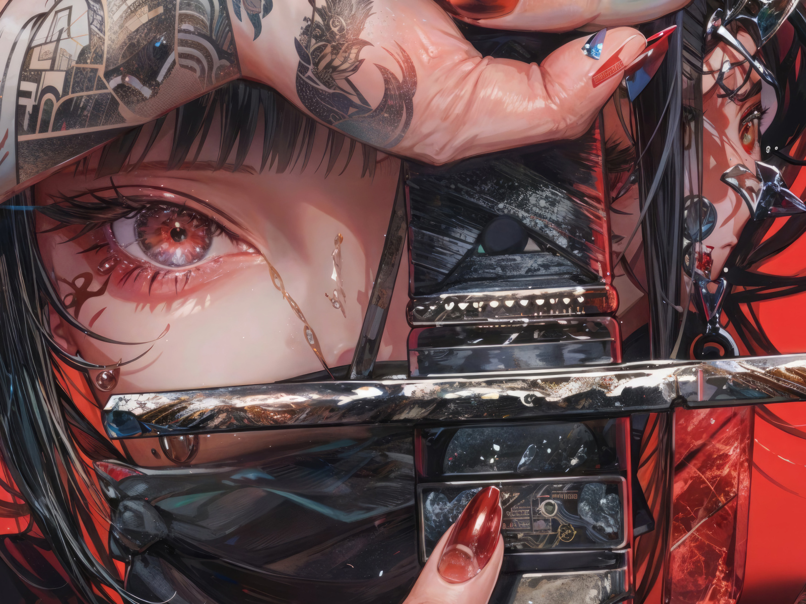 Аниме девушка с красными глазами держит меч