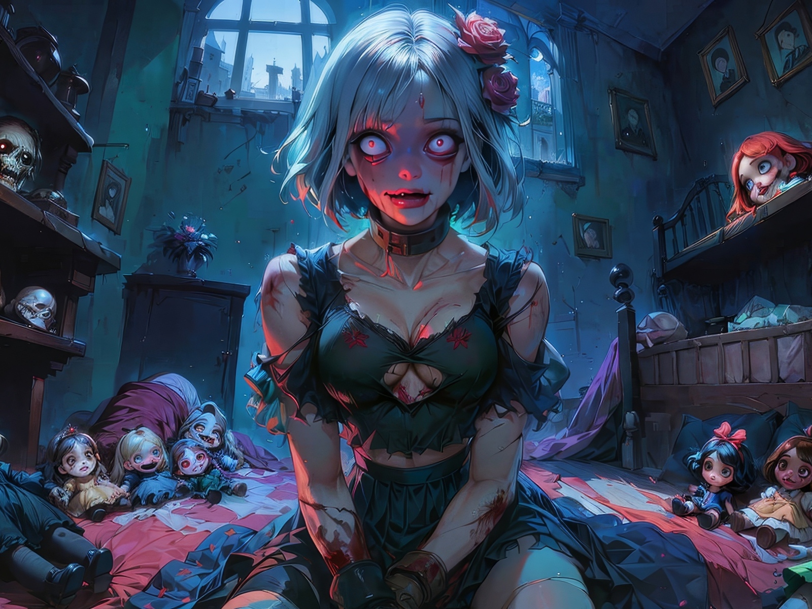 Девушка аниме зомби в комнате с куклами