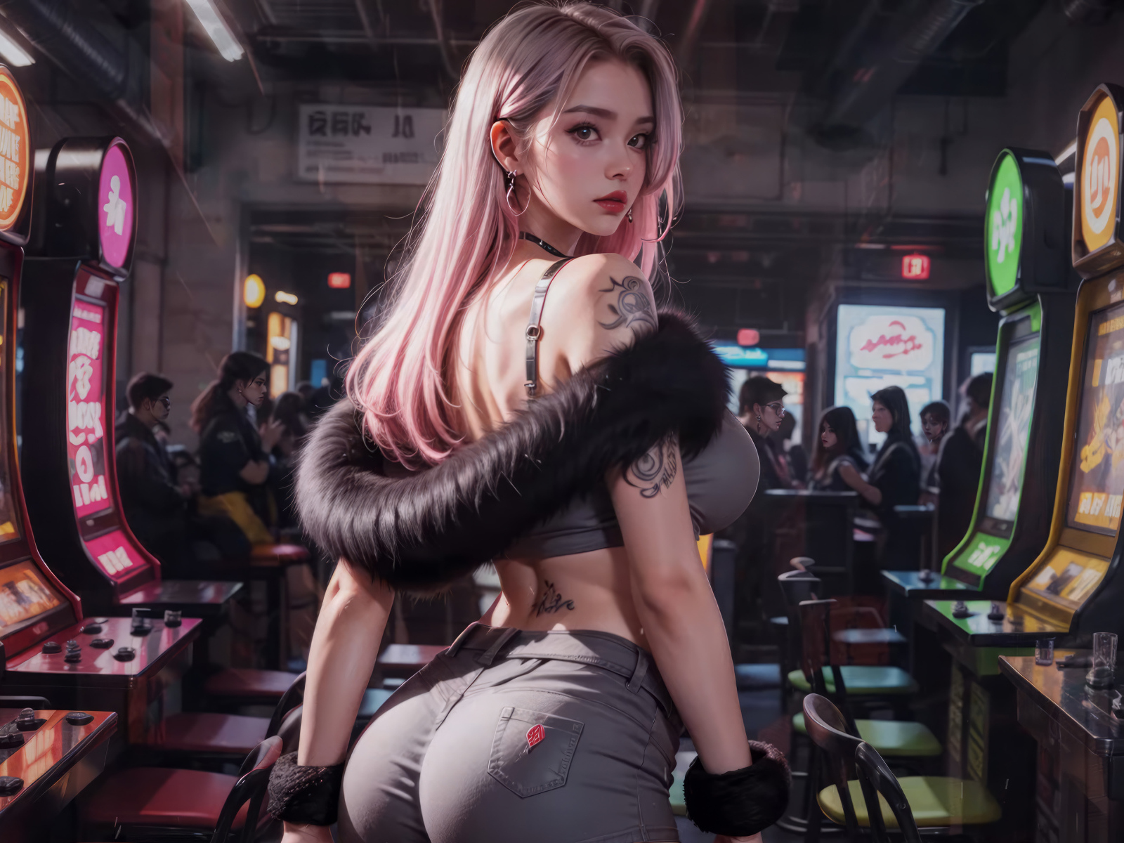 Красивая девушка аниме в зале с игровыми автоматами