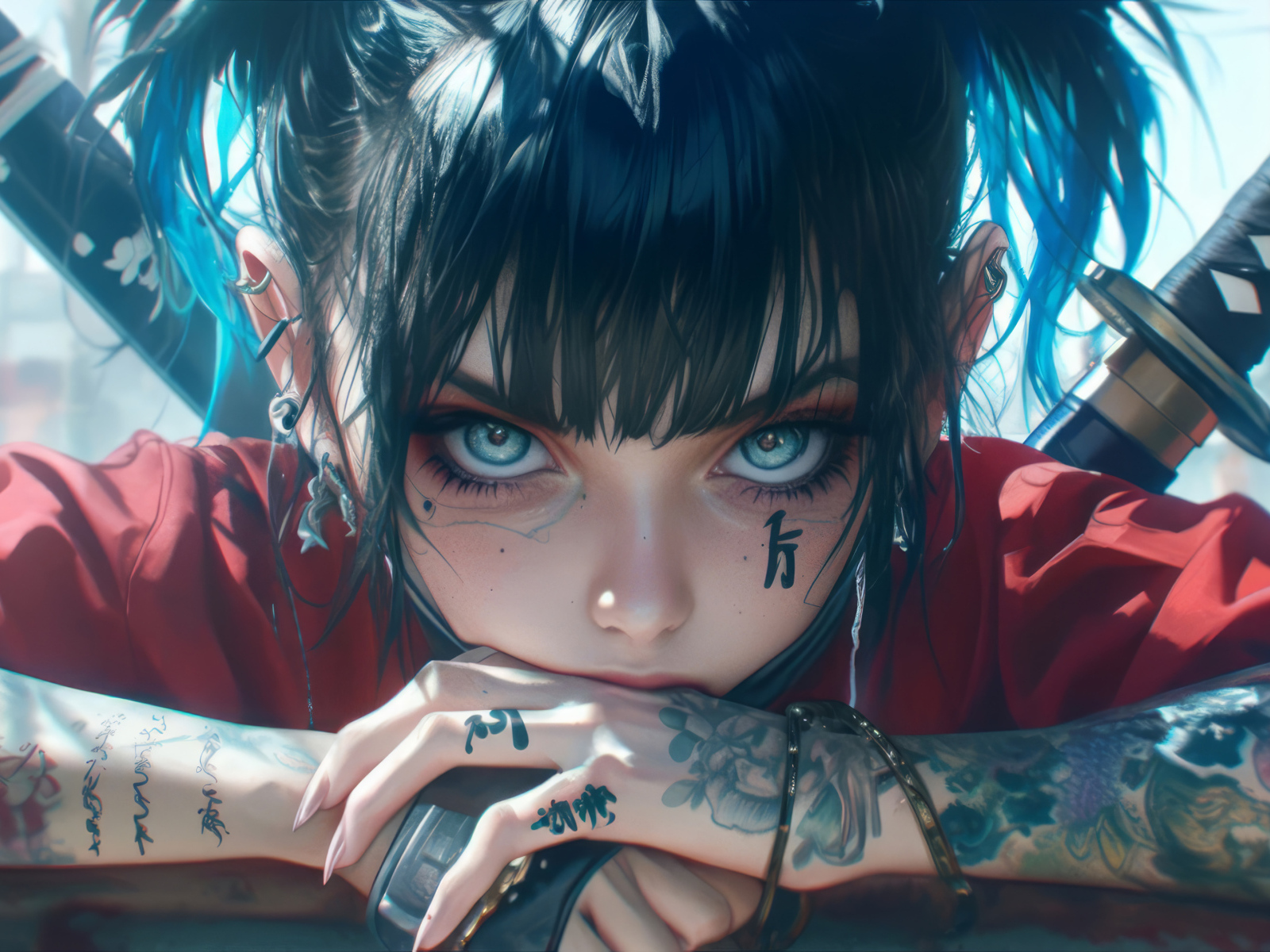 Голубоглазая аниме девушка с татуировками на теле