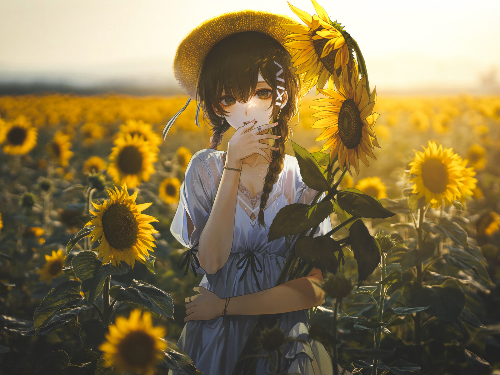 Милая девушка аниме на поле с подсолнухами