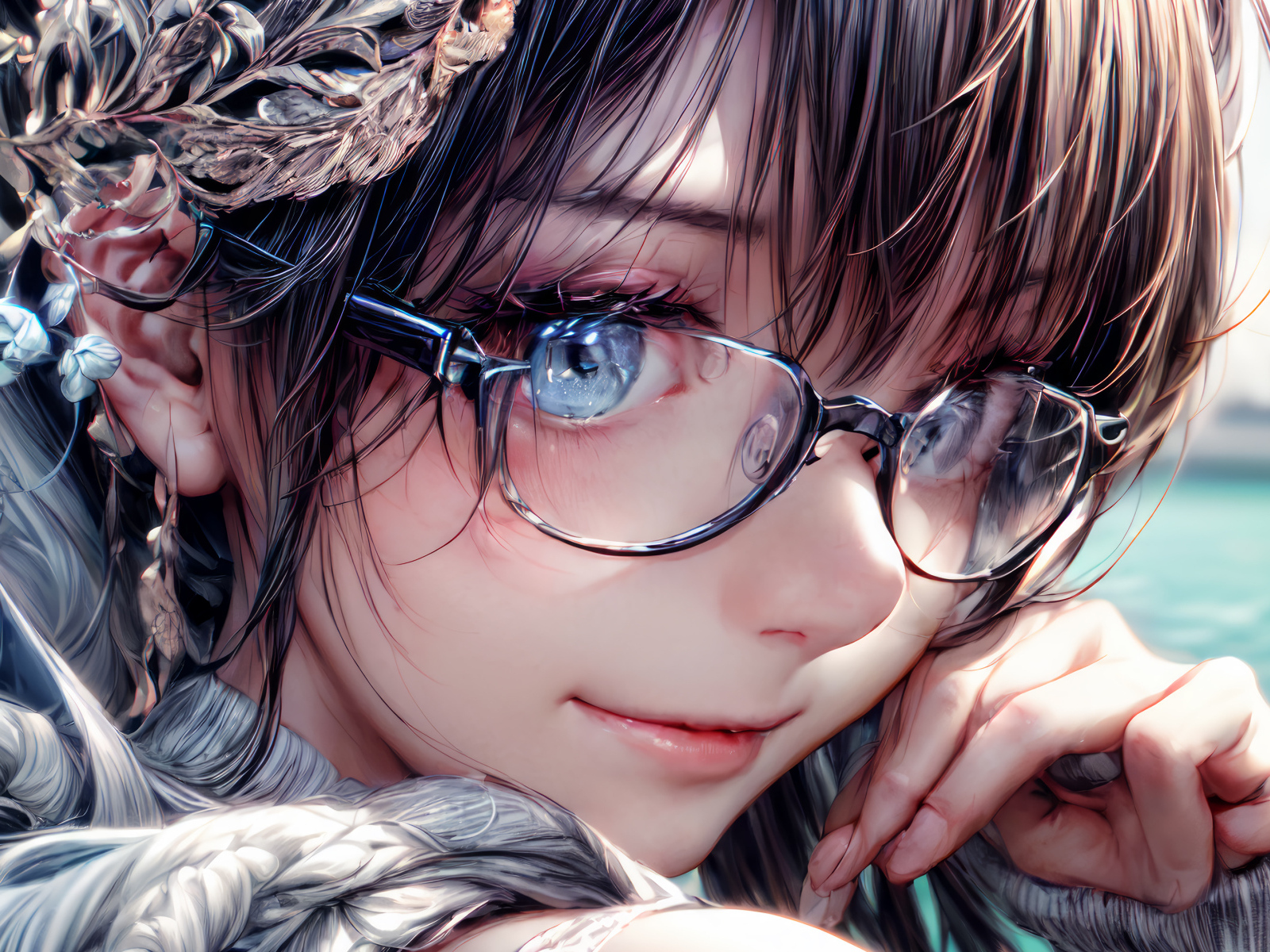 Милая голубоглазая аниме девушка в очках