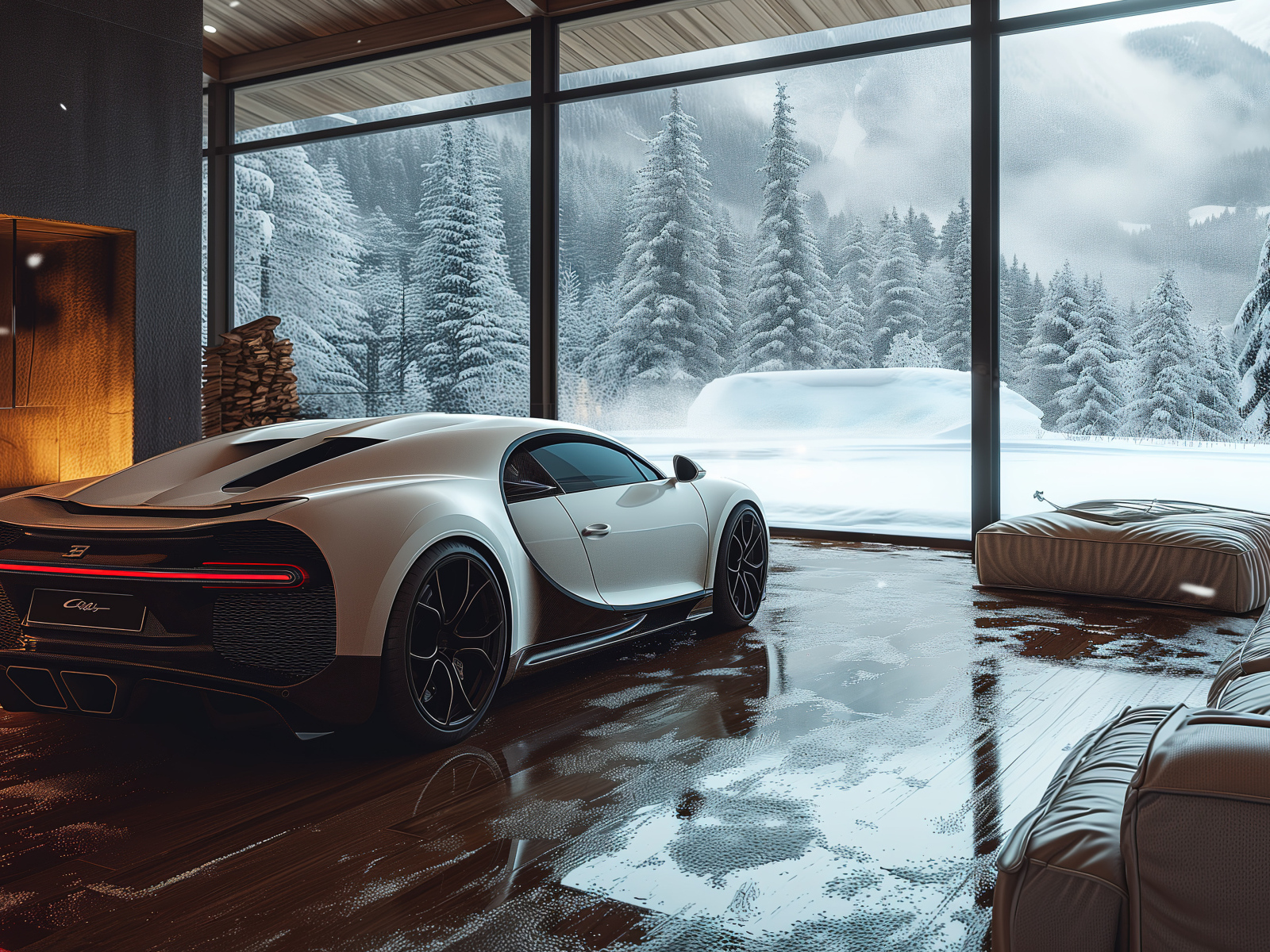 Автомобиль Bugatti Chiron Cozy в комнате зимой