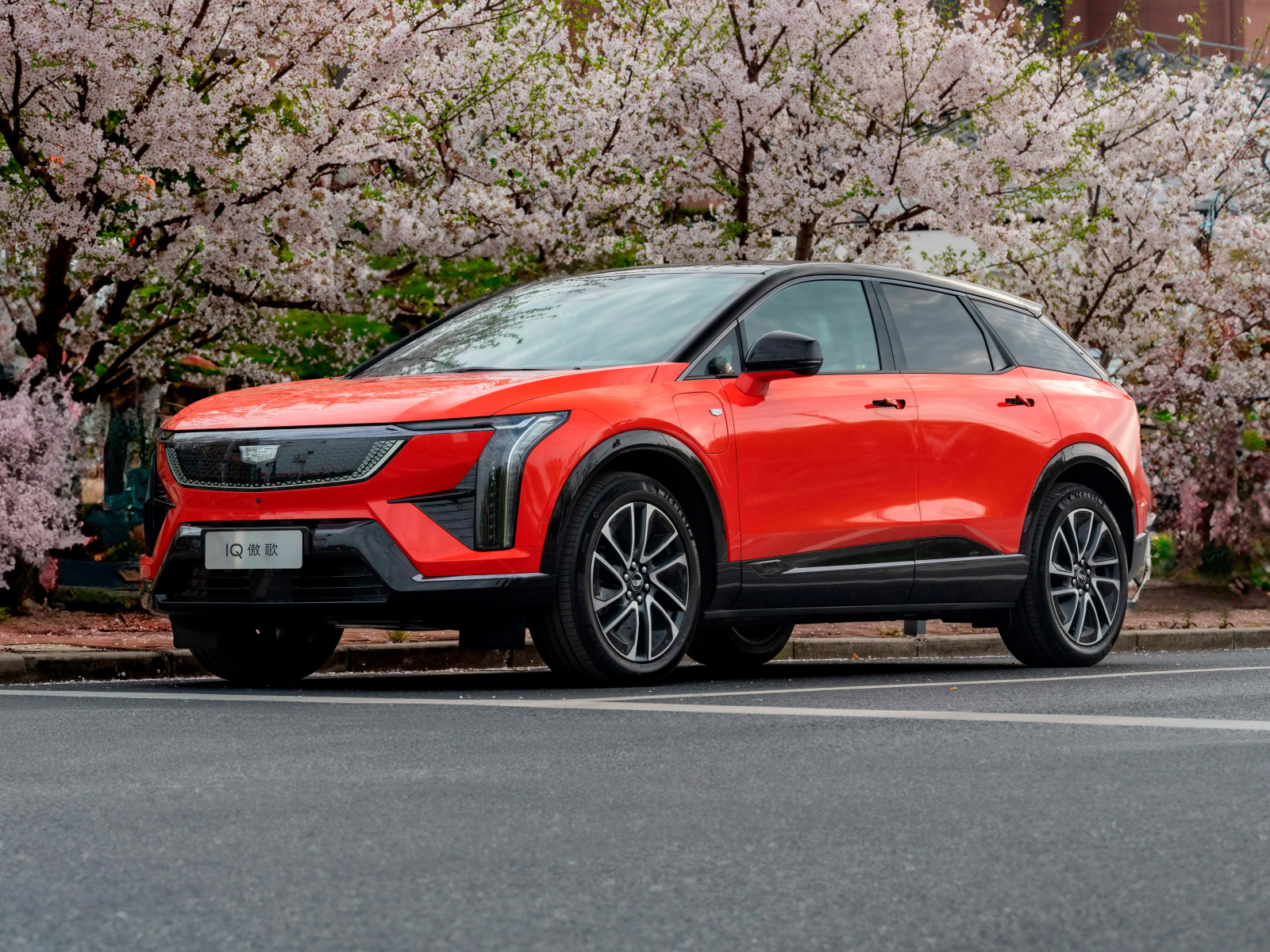 Красный Cadillac Optiq Sport 2024 года у цветущих деревьев