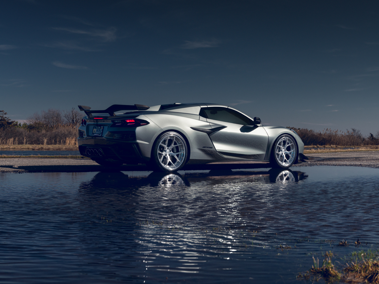 Вид сзади на автомобиль Chevy Corvette Z06 у воды