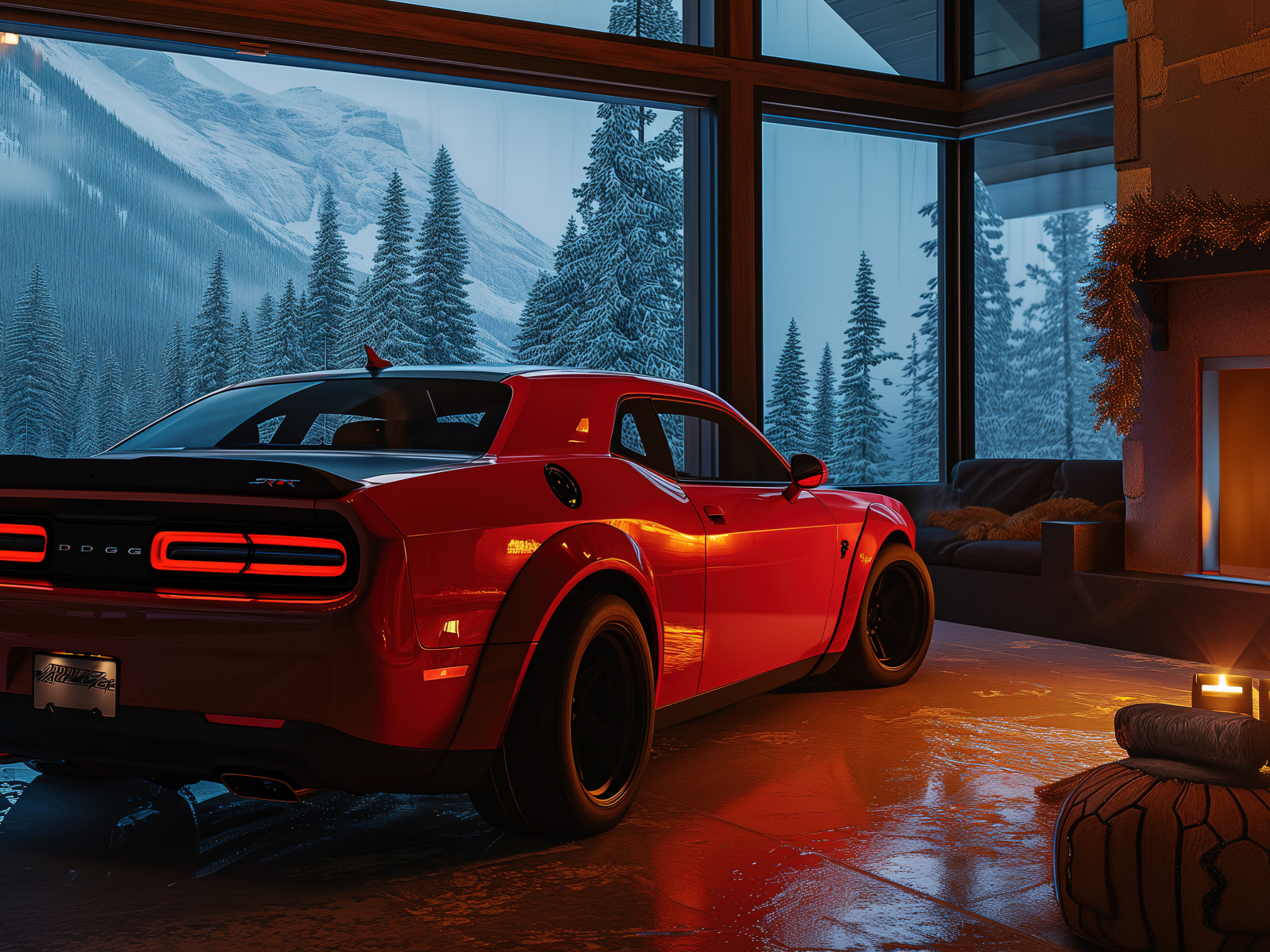 Вид сзади на красный автомобиль Dodge Challenger SRT Demon