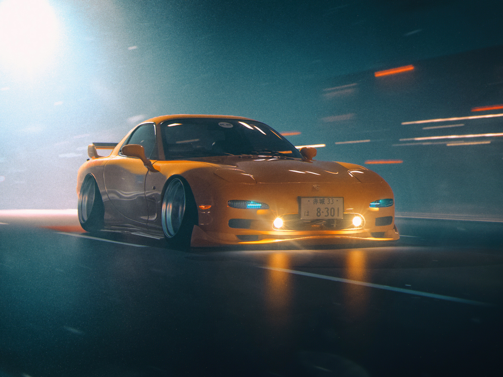 Желтый автомобиль Mazda RX-7 JDM