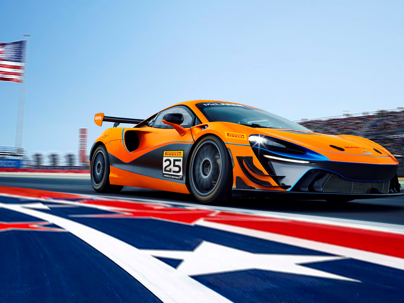 Оранжевый гоночный автомобиль McLaren Artura GT4  на стадионе