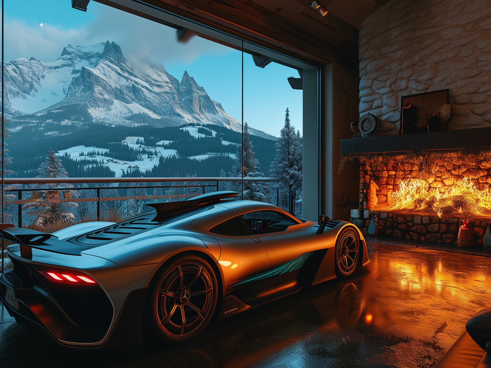 Автомобиль Mercedes-AMG ONE в комнате с камином