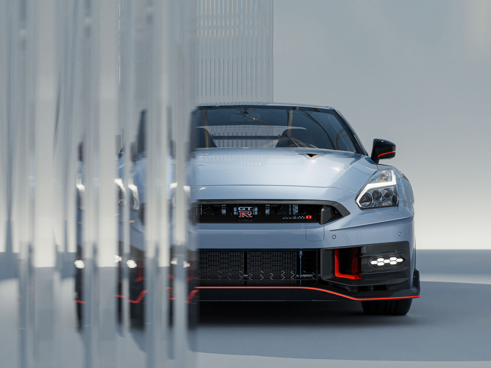 Серебристый автомобиль Nissan GT-R Nismo Front