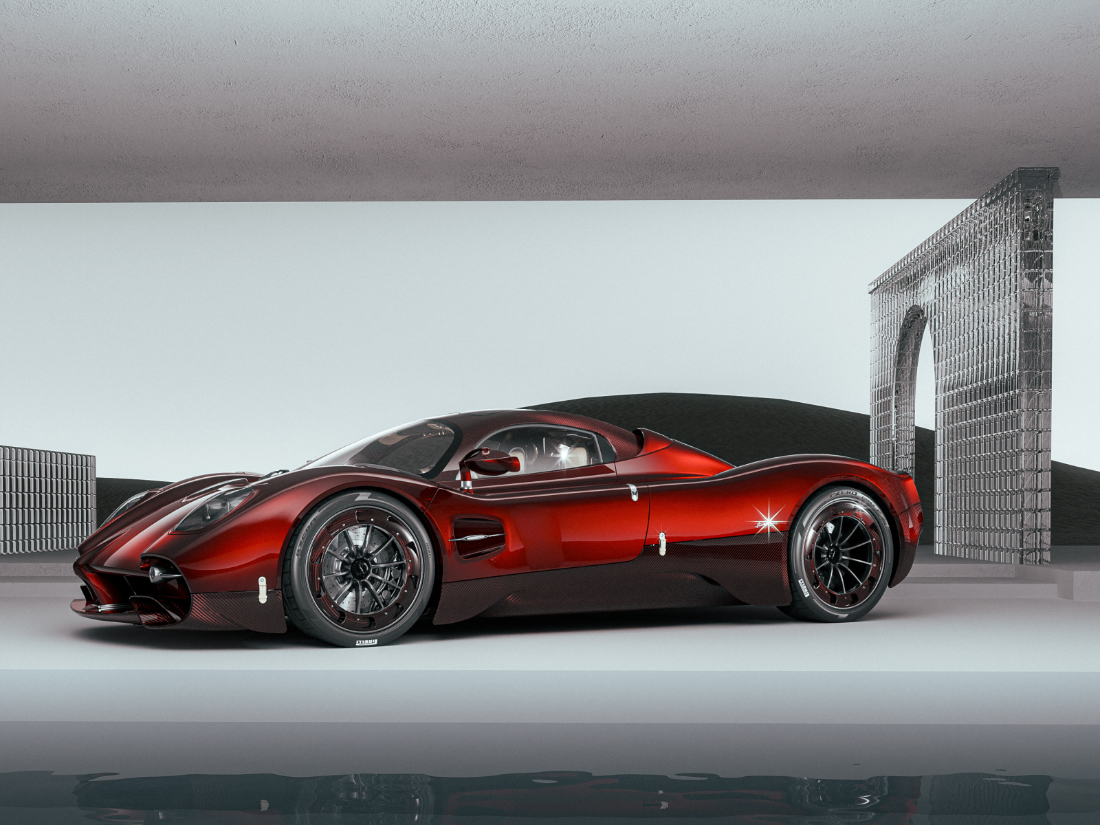 Вид сбоку на красный автомобиль  Pagani Utopia