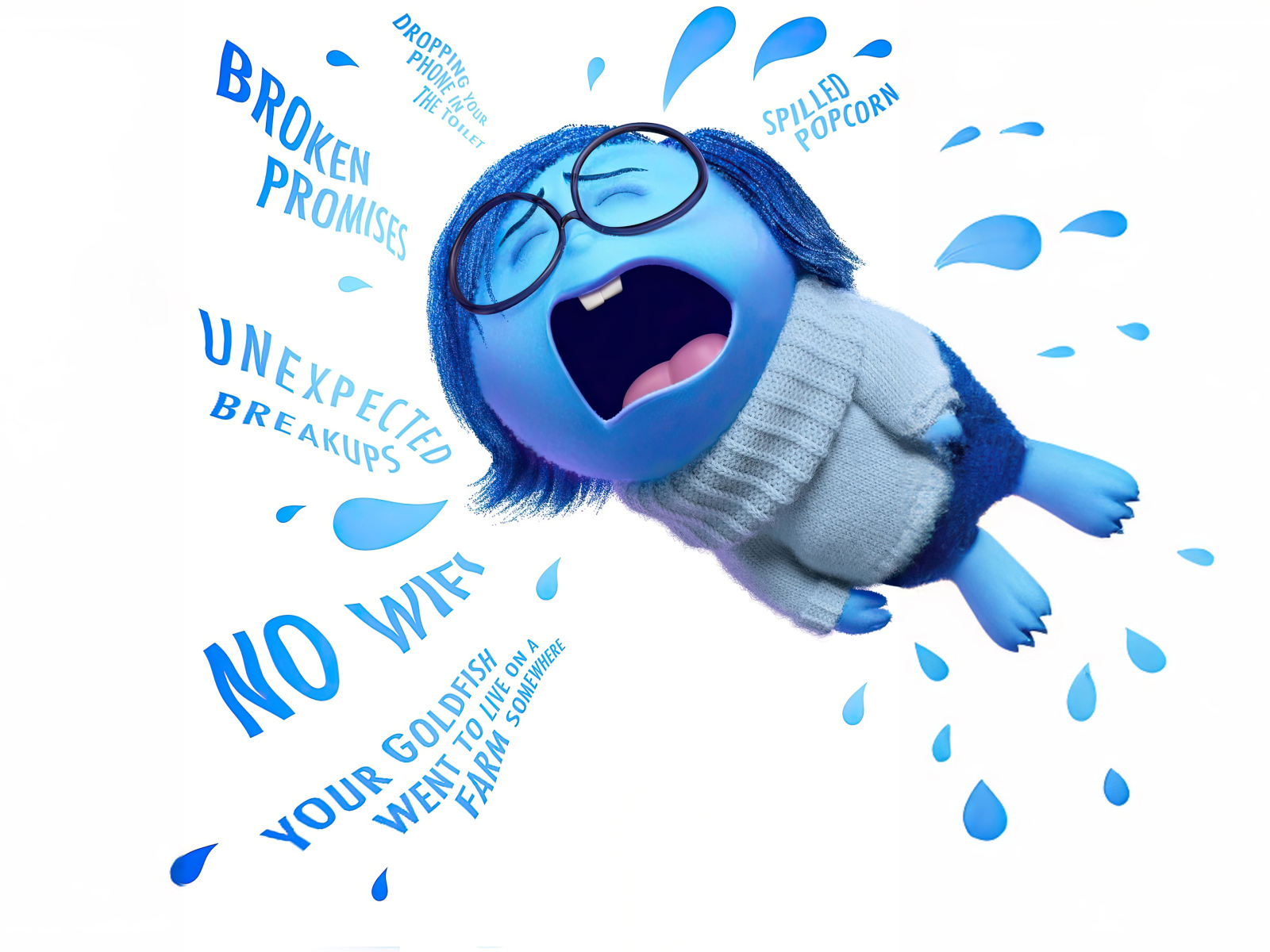 Плачущий персонаж Печаль из мультфильма Головоломка 2 на белом фоне с надписями