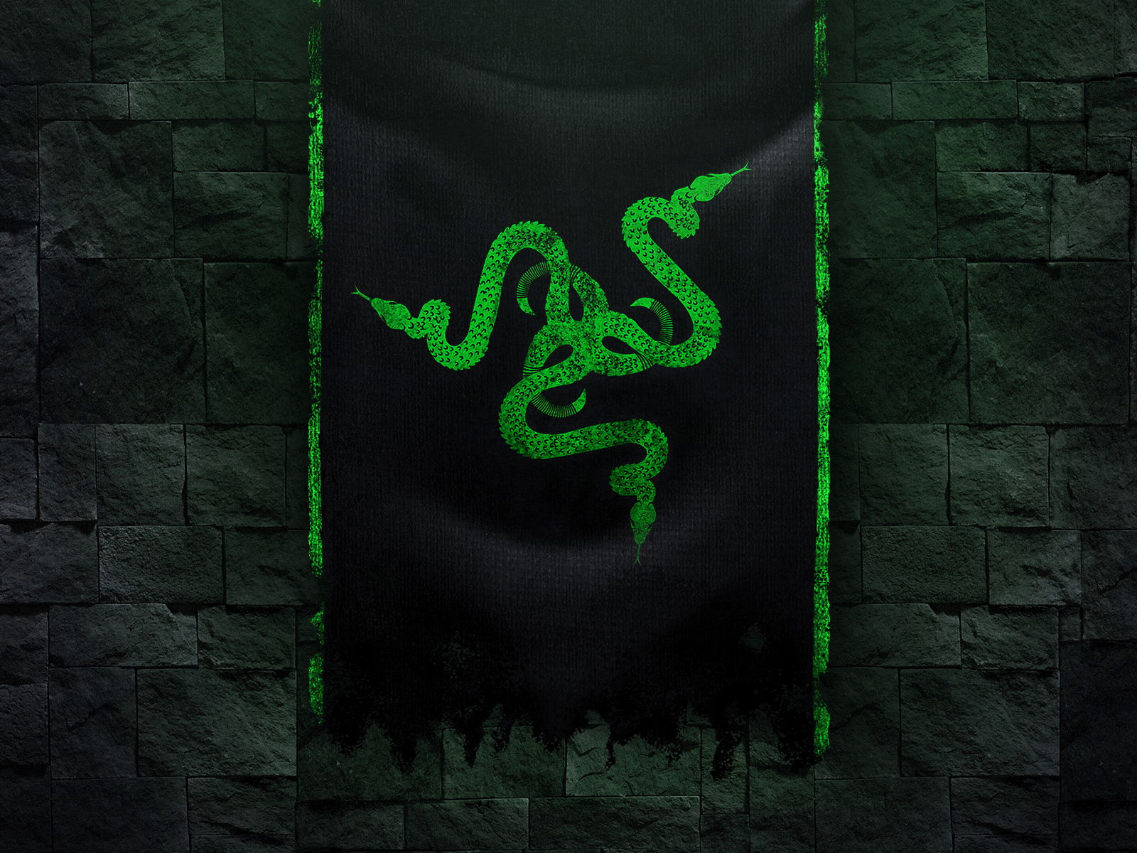 Зеленый логотип razer нарисован на черной ткани на стене