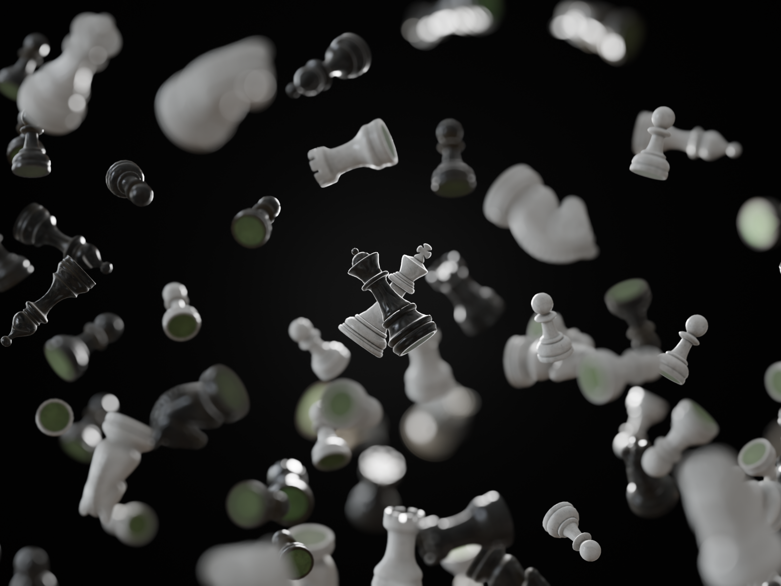 Черные и белые шахматные фигуры парят в воздухе