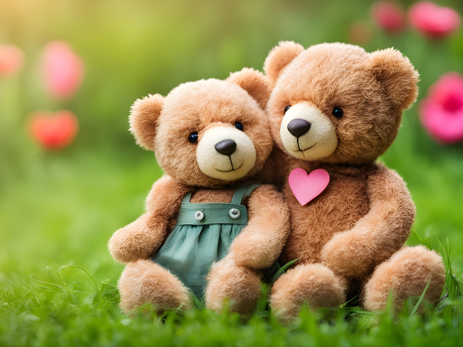 Два игрушечных медвежонка сидят на траве