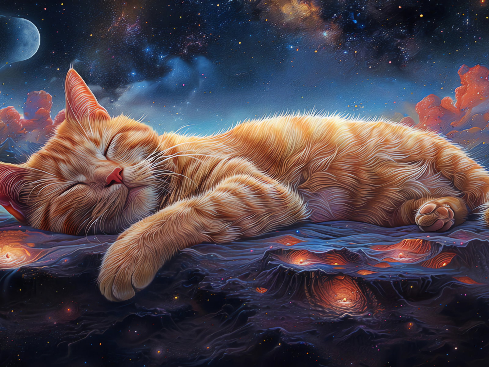 Нарисованный рыжий кот спит на поверхности Марса