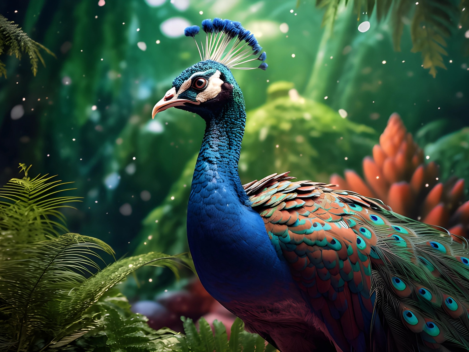 Красивый нарисованный павлин в лесу