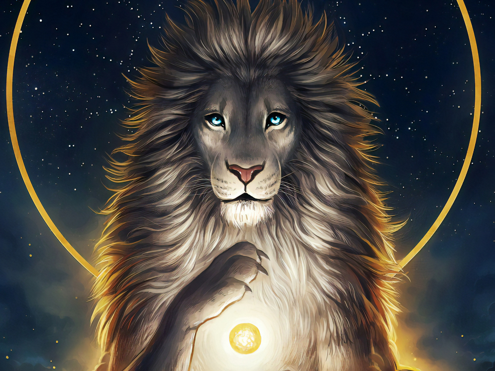 Нарисованный голубоглазый лев на фоне неба