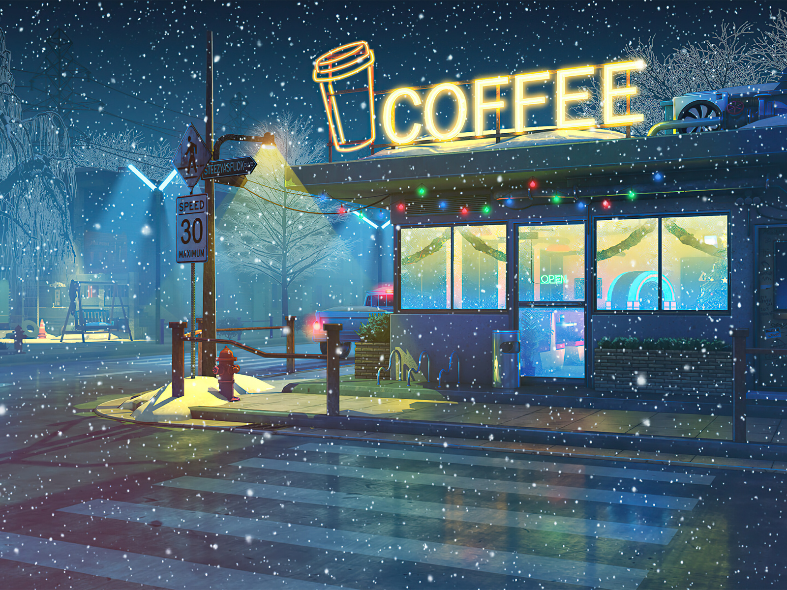 Нарисованное кафе ночью зимой