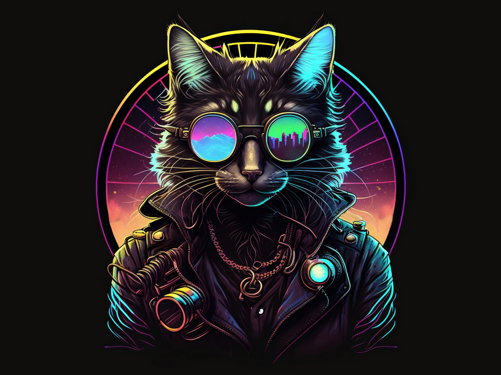 Нарисованный кот в очках и кожаной куртке