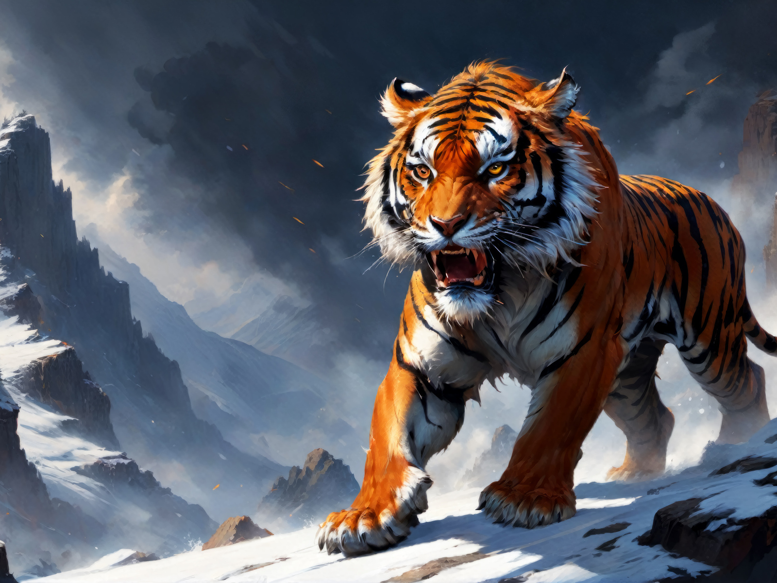 Нарисованный свирепый тигр в заснеженных горах