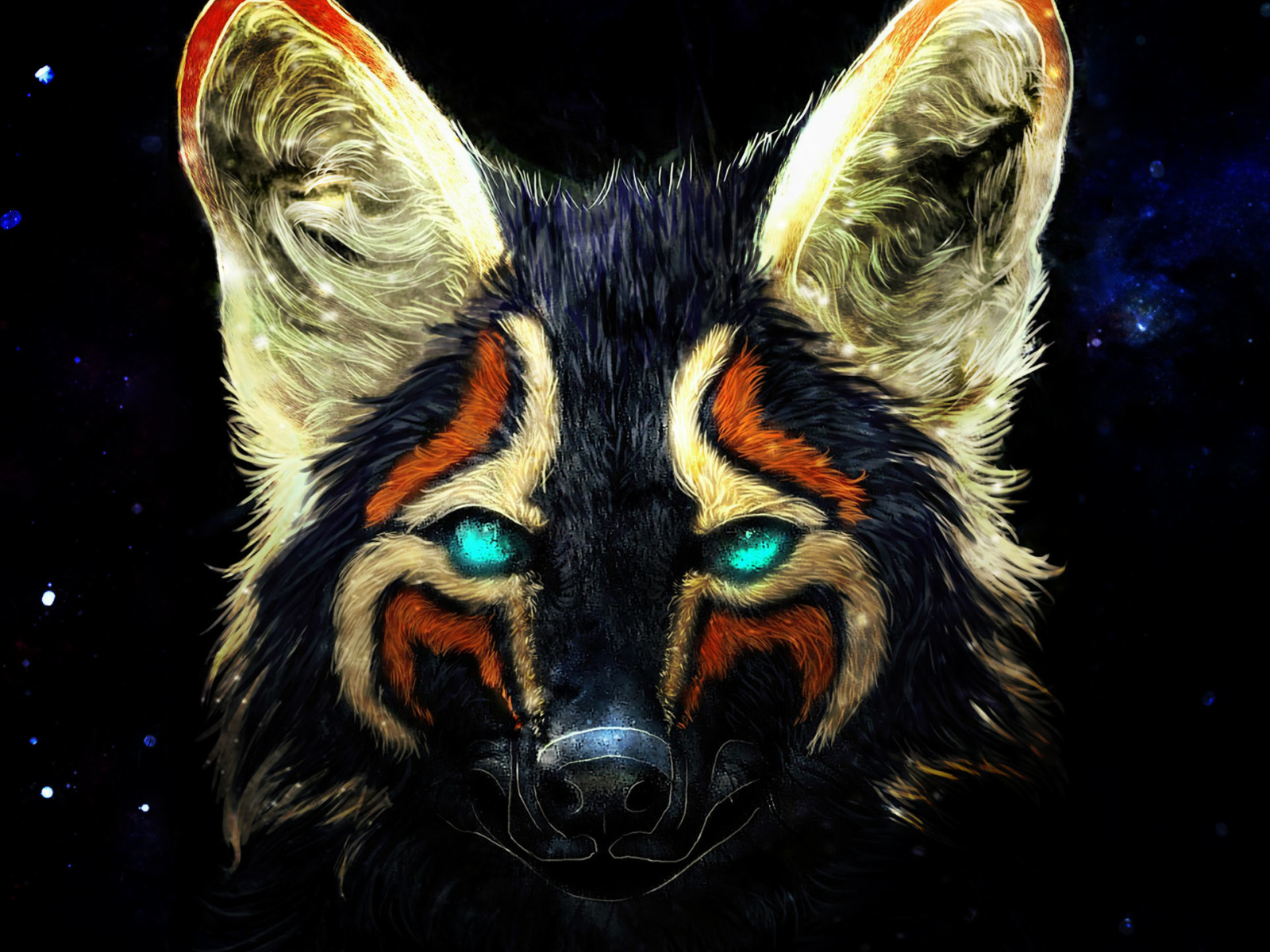 Нарисованная разноцветная лиса на черном фоне