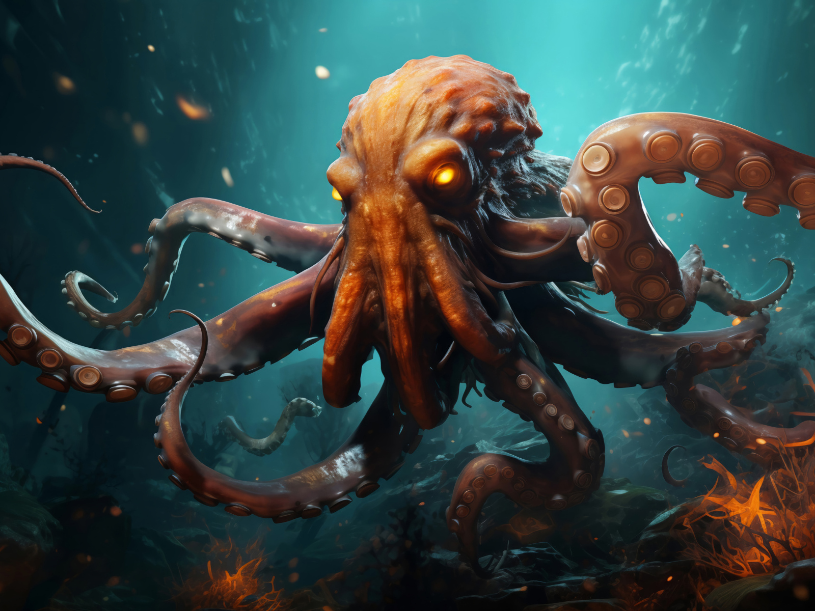 Большой нарисованный осьминог в воде