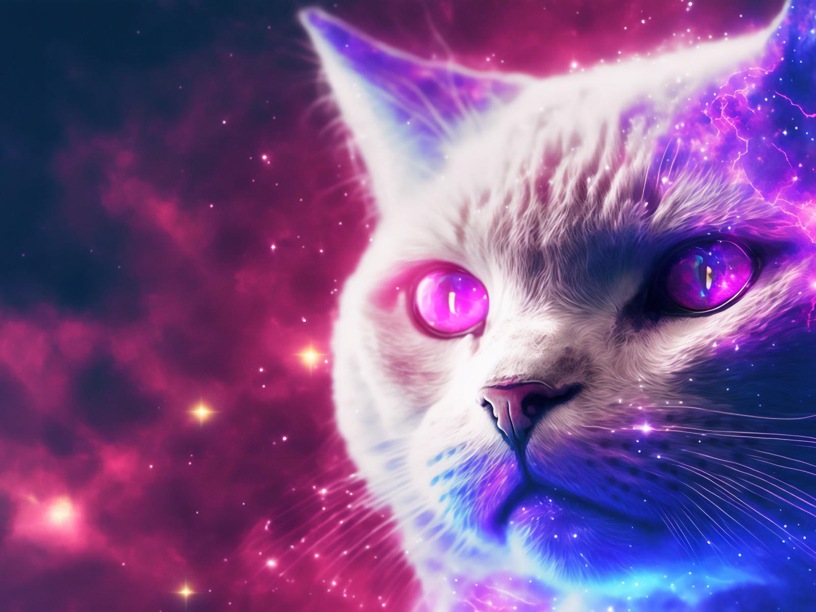 Нарисованный белый неоновый кот 