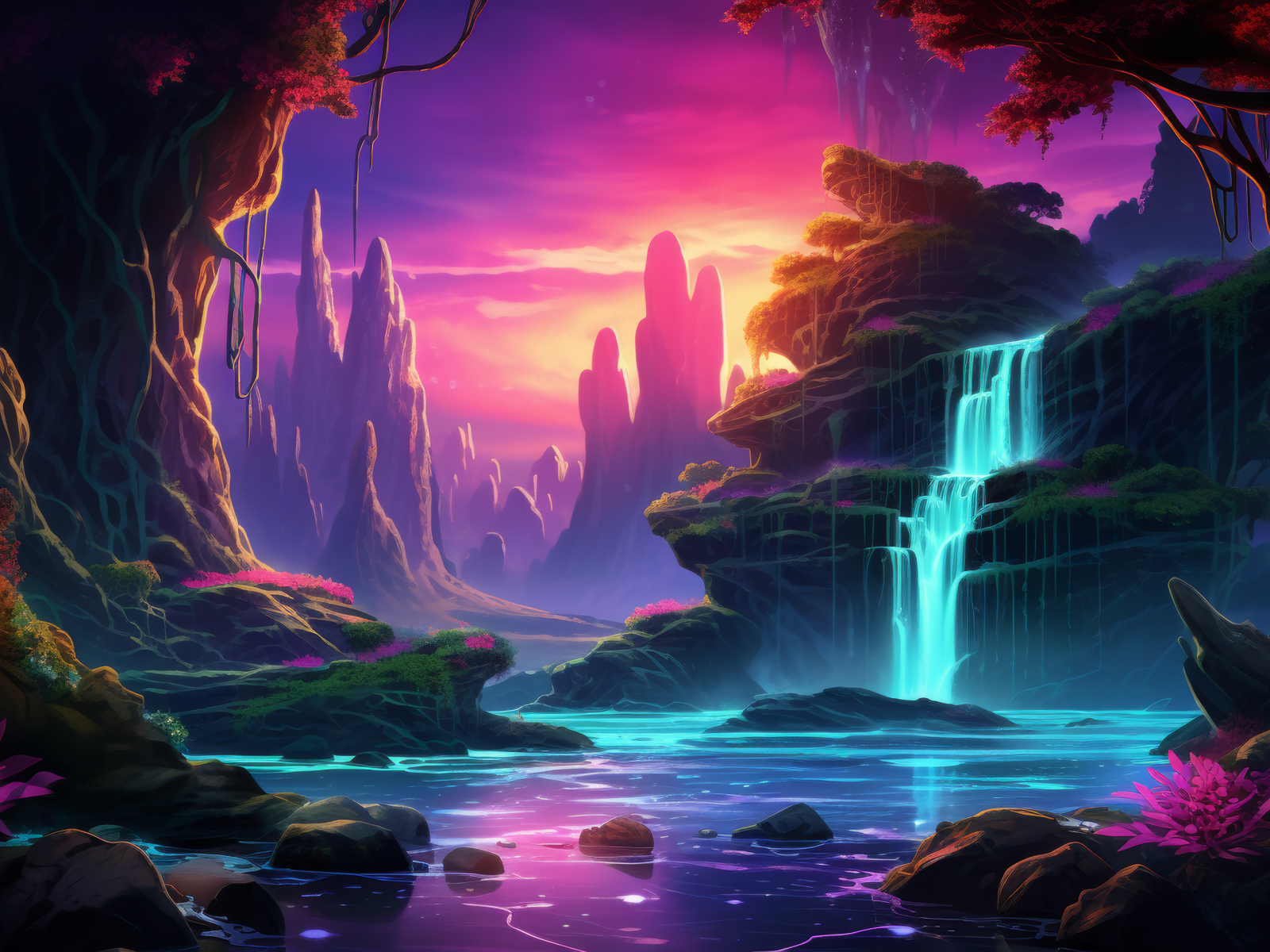 Голубая вода водопада стекает по камням