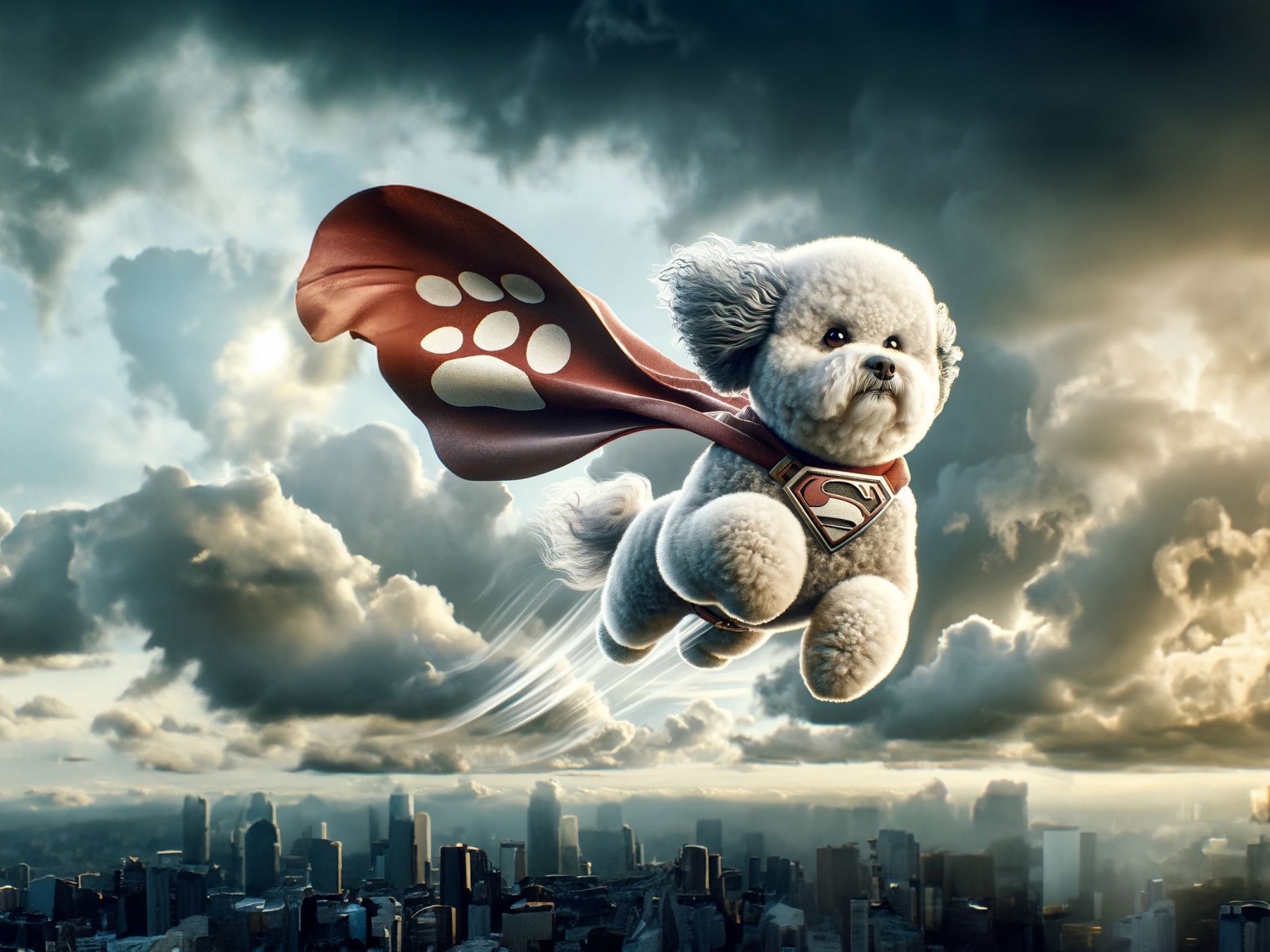 Летающая собака супергерой над городом