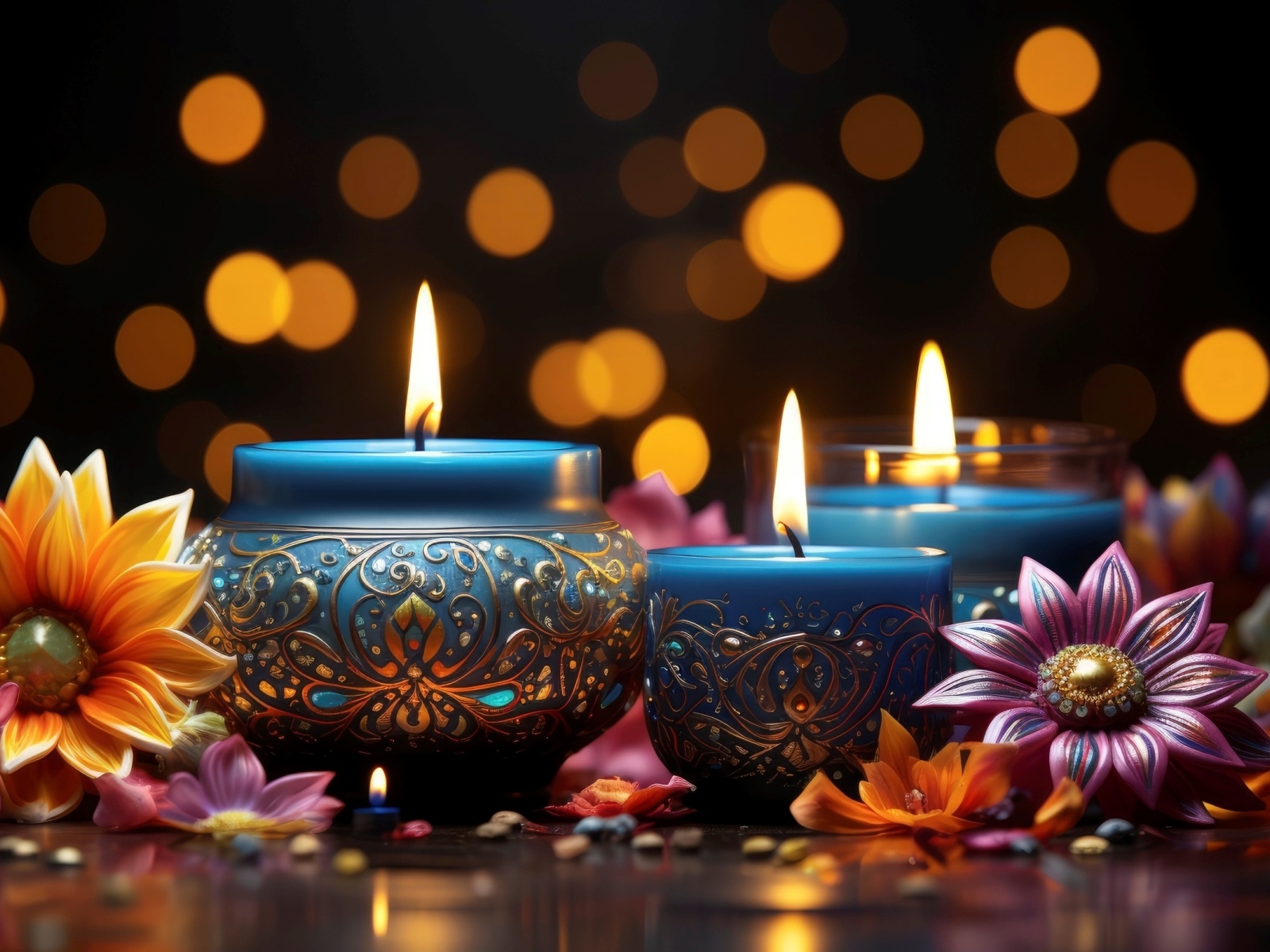 Зажженные красивые свечи с цветами на столе