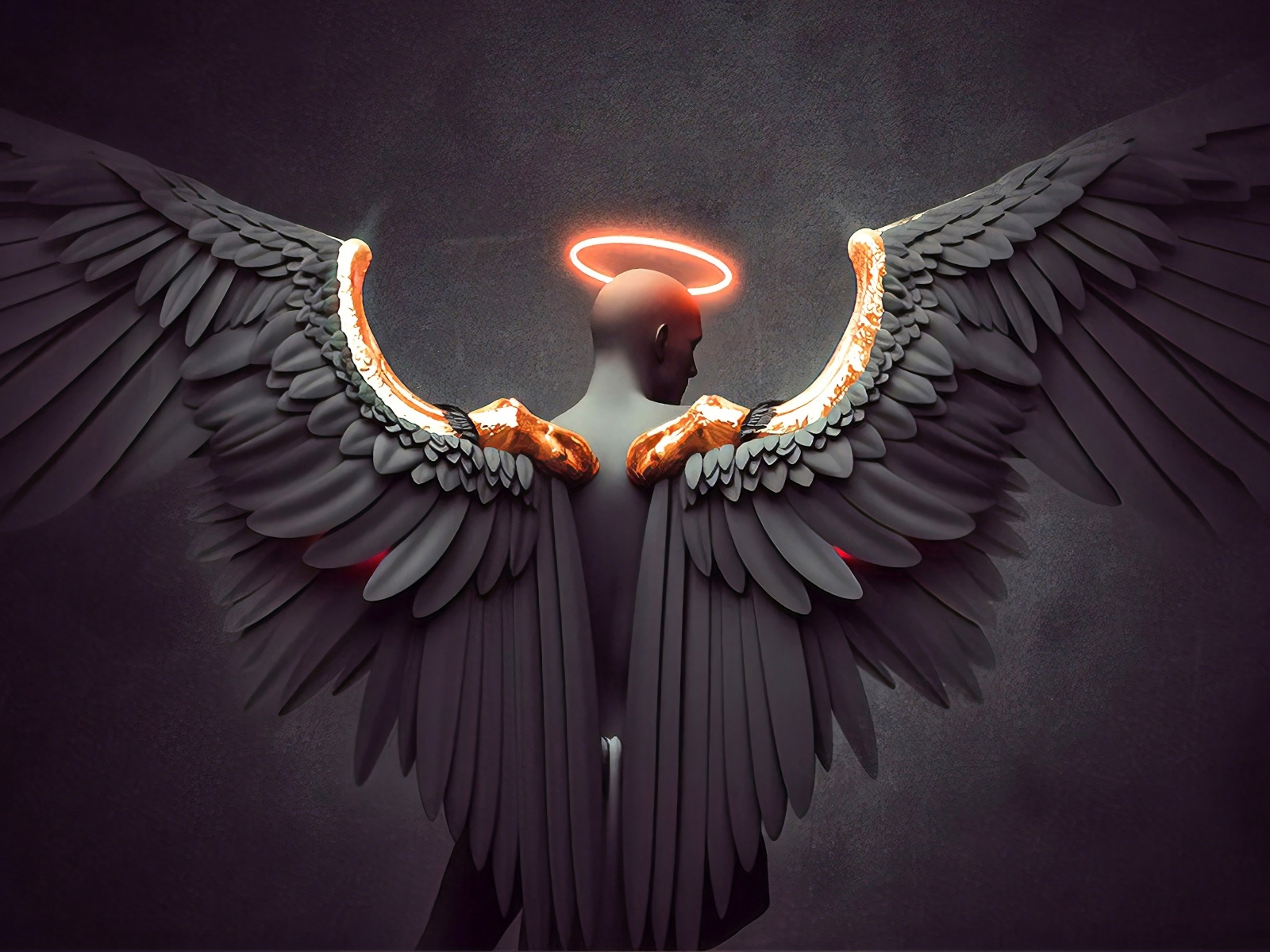 Мужчина с большими крыльями ангела на сером фоне